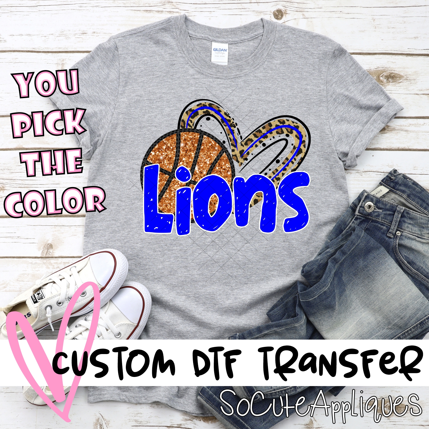 CUSTOM LIONS (faux) glitter basketball leopard heart *DTF* Transfer