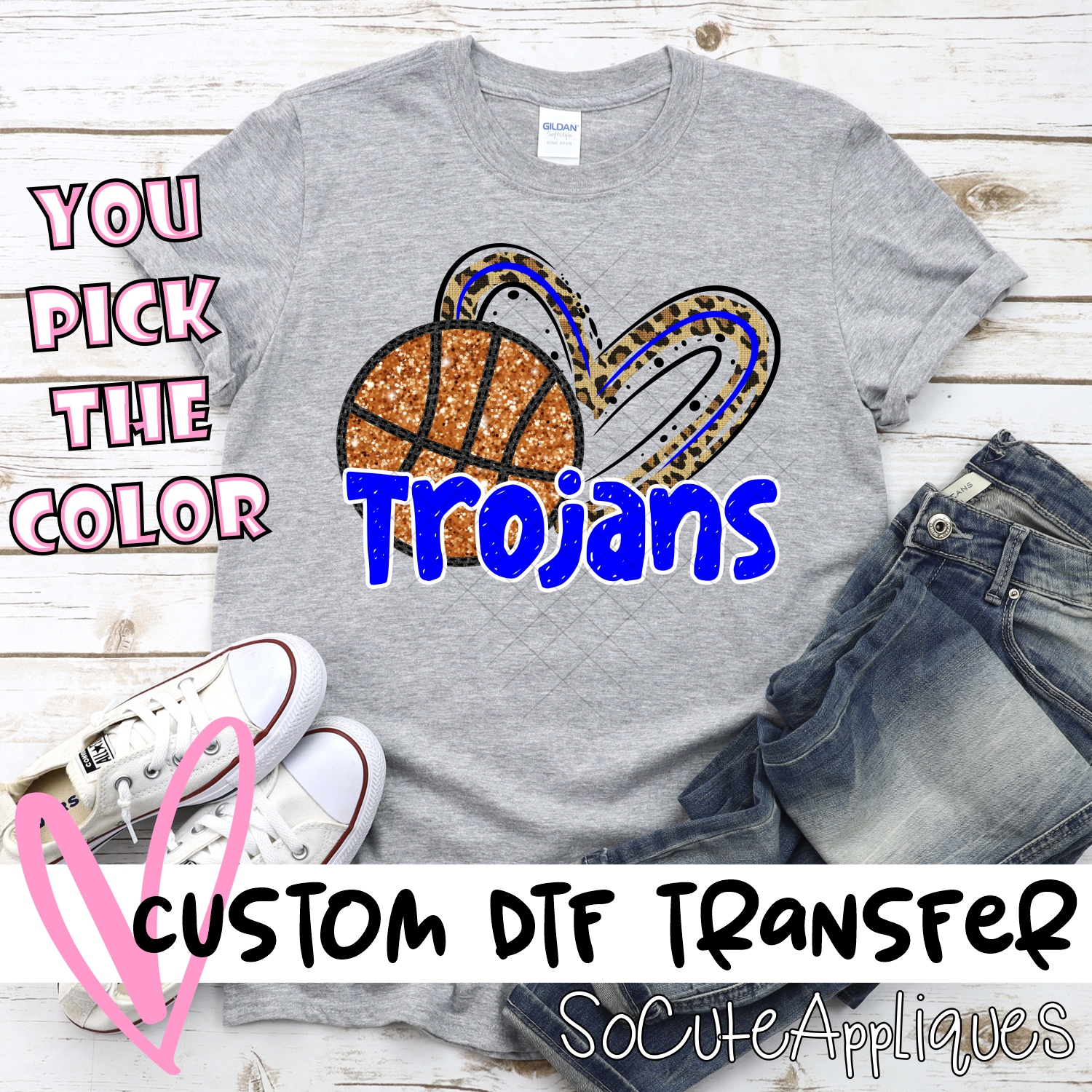CUSTOM TROJANS (faux) glitter basketball leopard heart *DTF* Transfer
