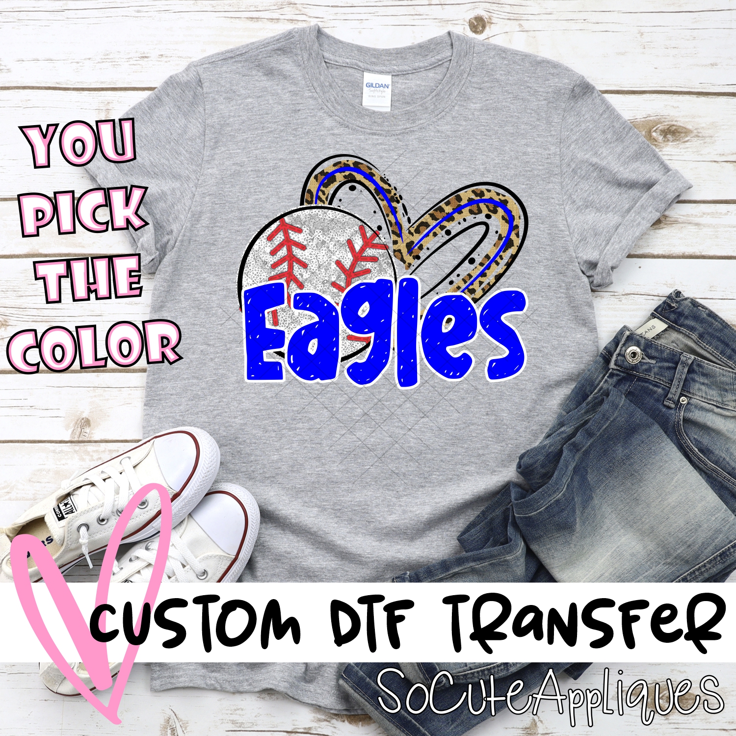 CUSTOM EAGLES (faux) glitter baseball leopard heart *DTF* Transfers