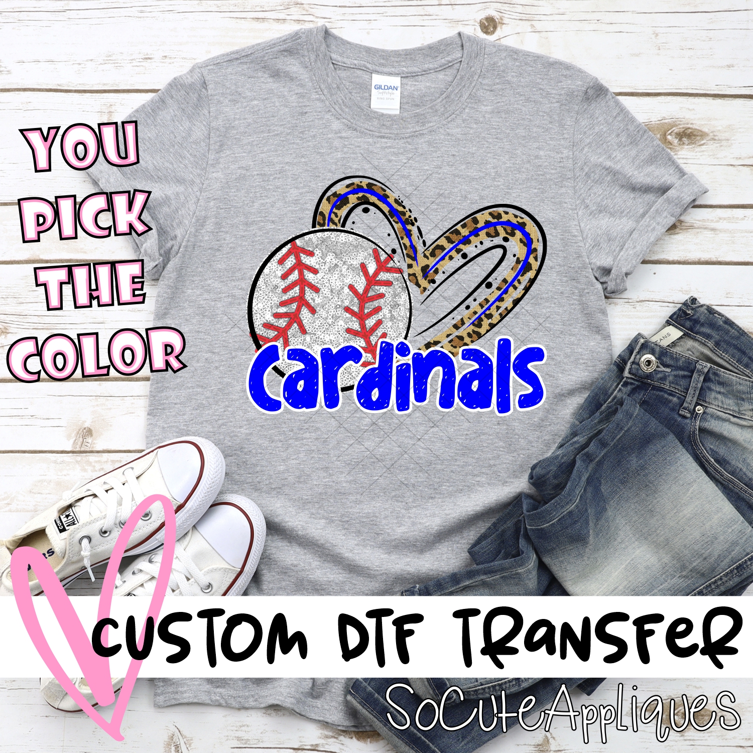 CUSTOM CARDINALS (faux) glitter baseball leopard heart *DTF* Transfers