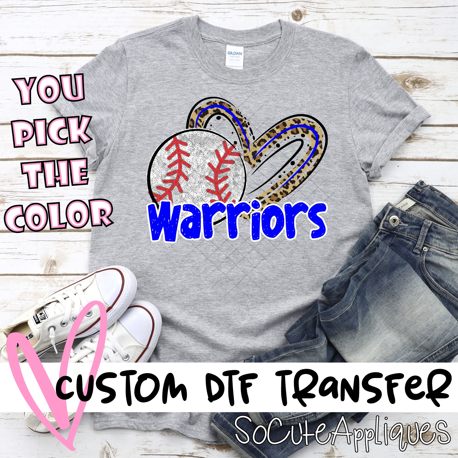 CUSTOM WARRIORS (faux) glitter baseball leopard heart *DTF* Transfers