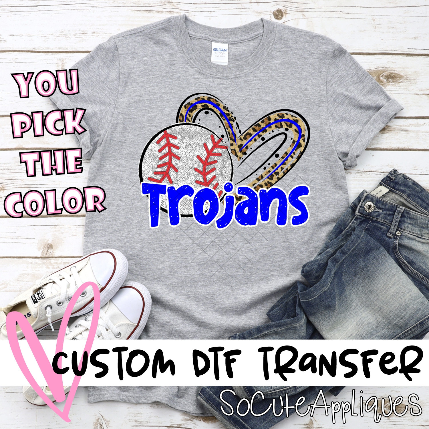 CUSTOM TROJANS (faux) glitter baseball leopard heart *DTF* Transfers