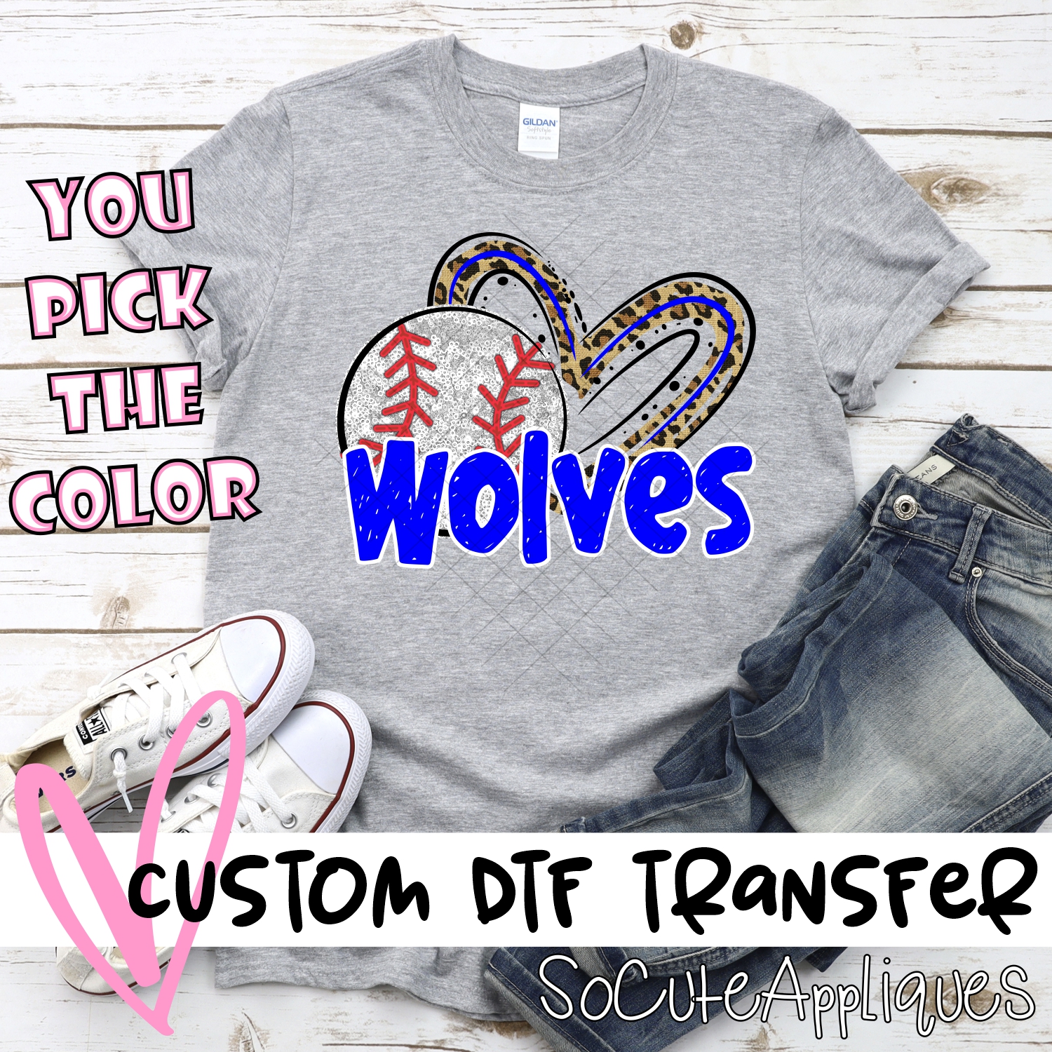 CUSTOM WOLVES (faux) glitter baseball leopard heart *DTF* Transfers