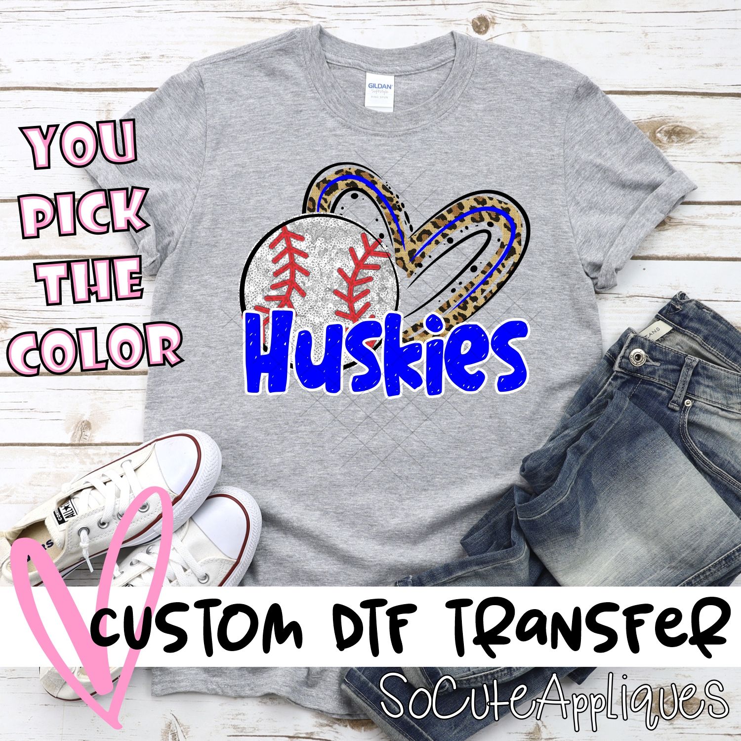 CUSTOM HUSKIES (faux) glitter baseball leopard heart *DTF* Transfers