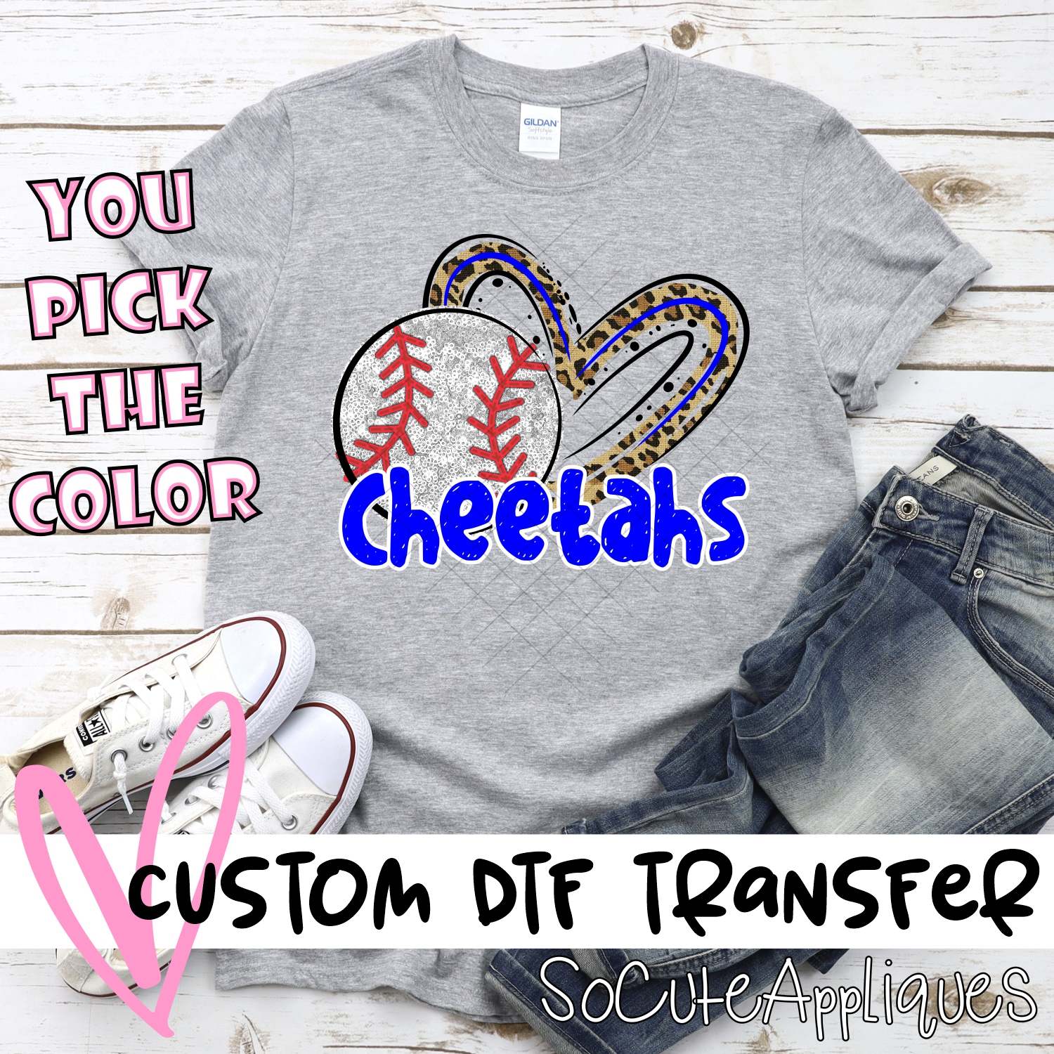 CUSTOM CHEETAHS (faux) glitter baseball leopard heart *DTF* Transfers
