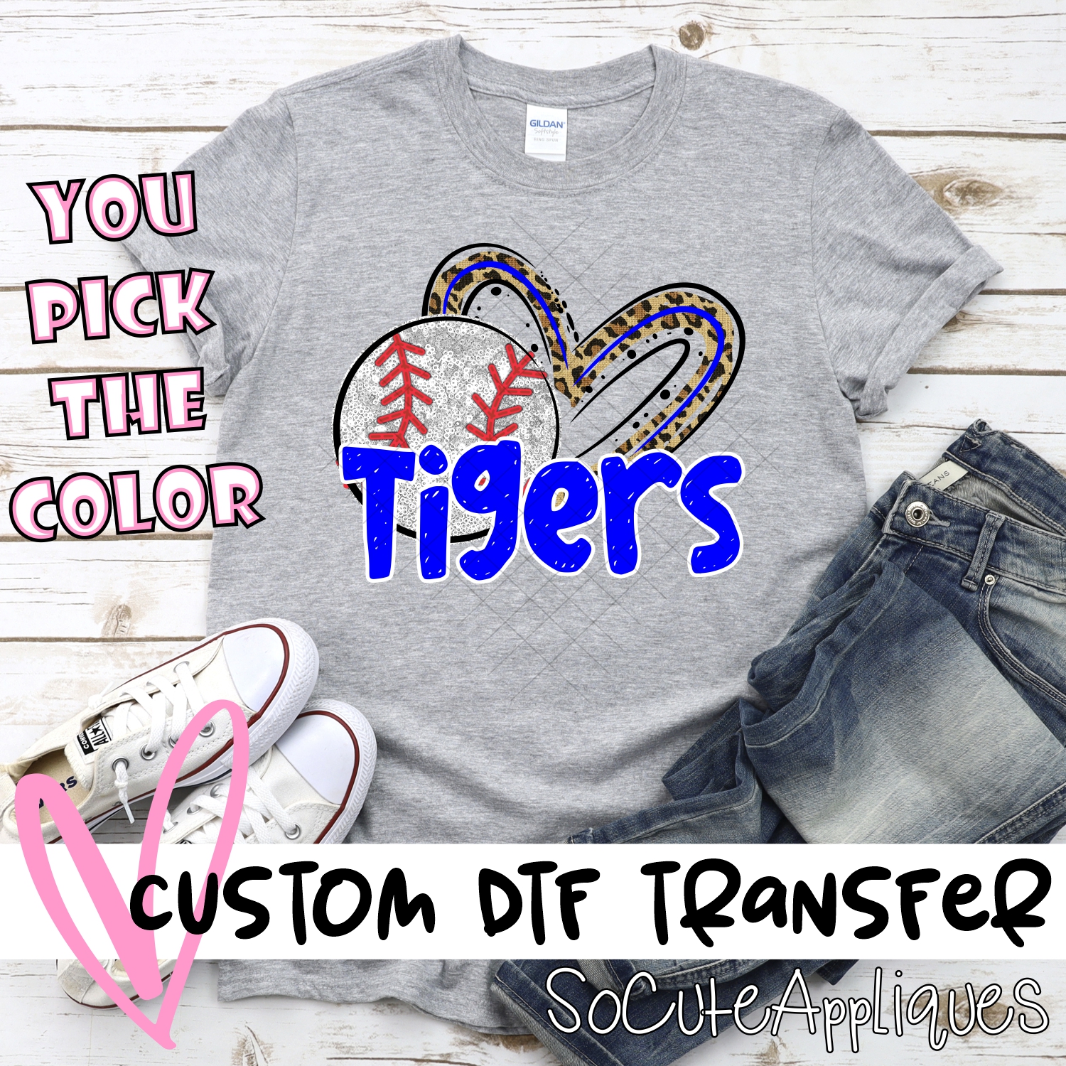 CUSTOM TIGERS (faux) glitter baseball leopard heart *DTF* Transfers