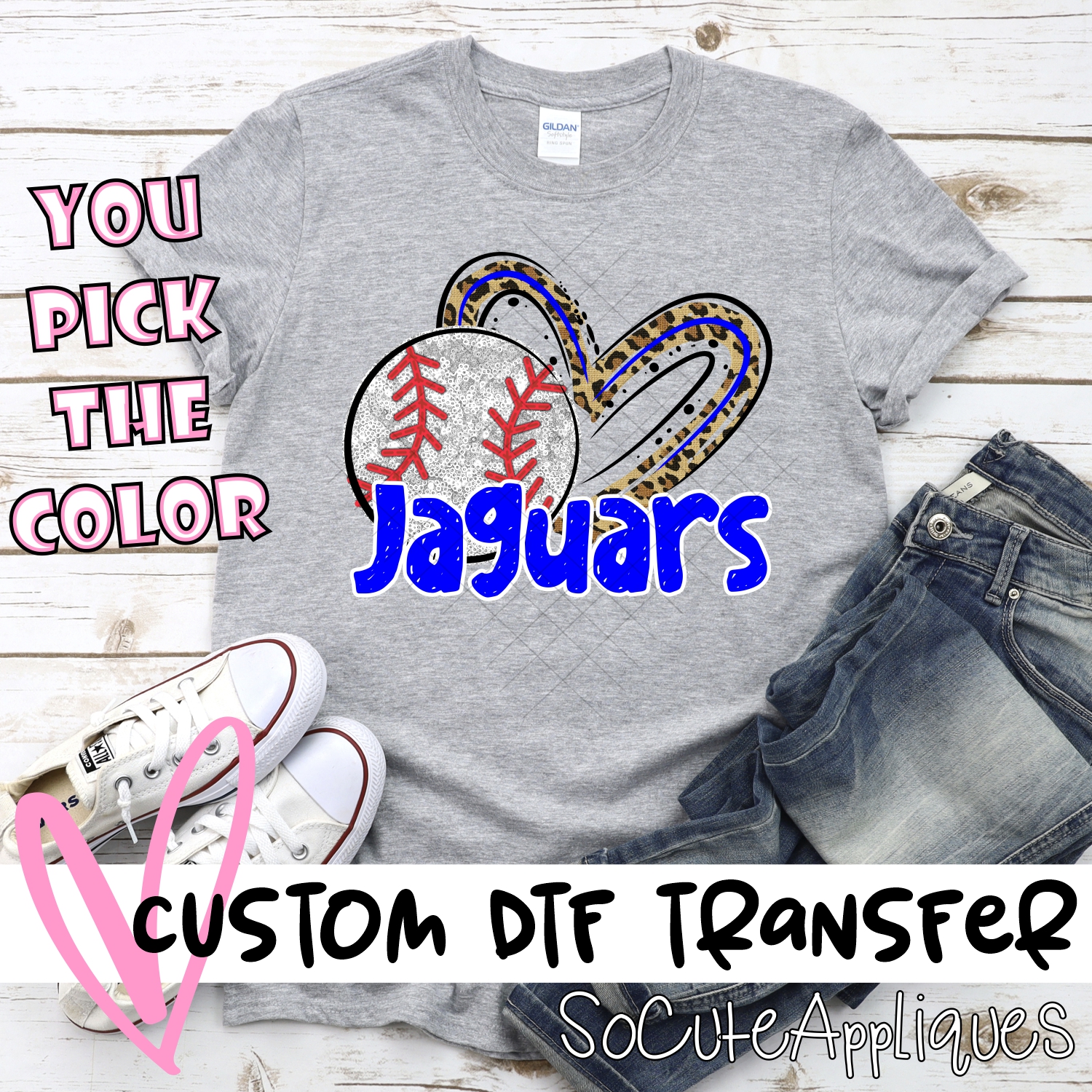 CUSTOM JAGUARS (faux) glitter baseball leopard heart *DTF* Transfers