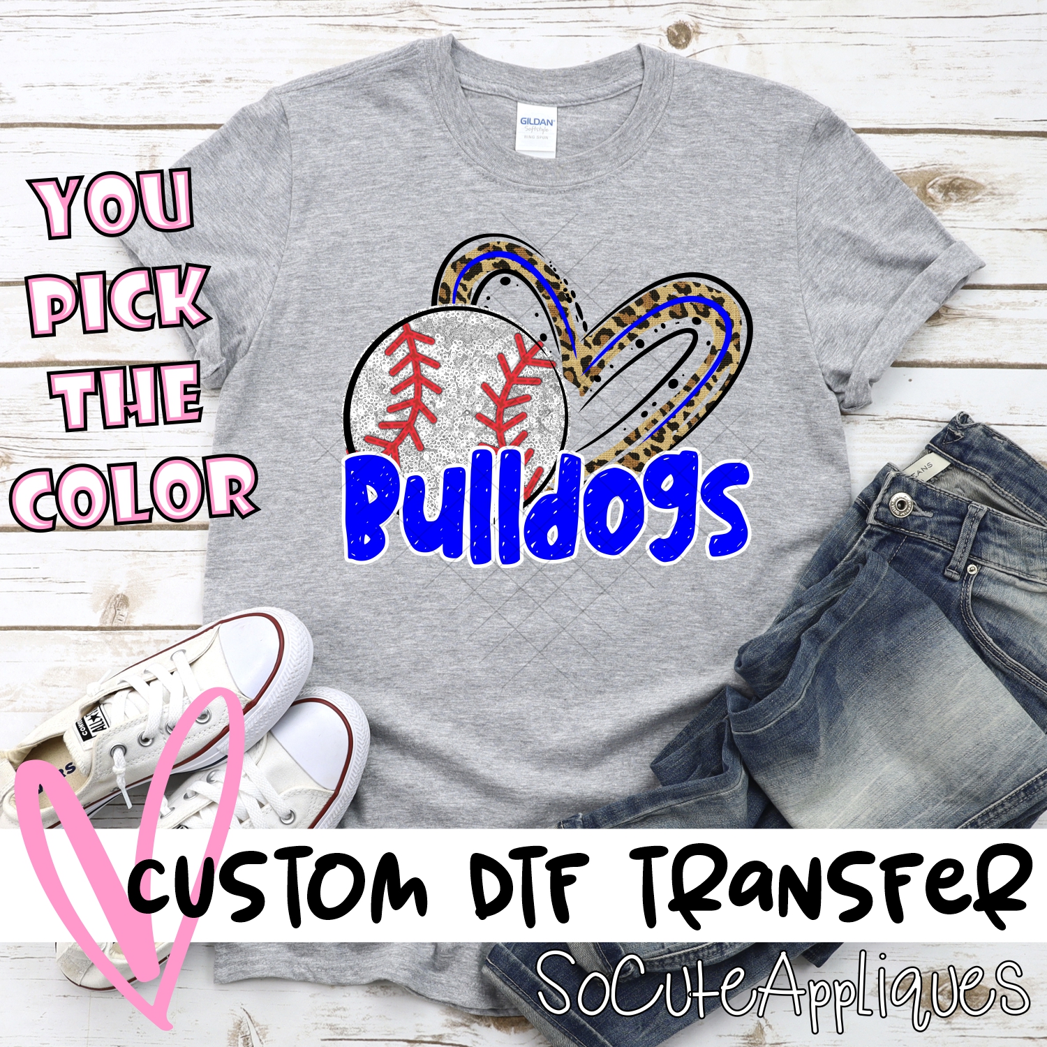 CUSTOM BULLDOGS (faux) glitter baseball leopard heart *DTF* Transfers