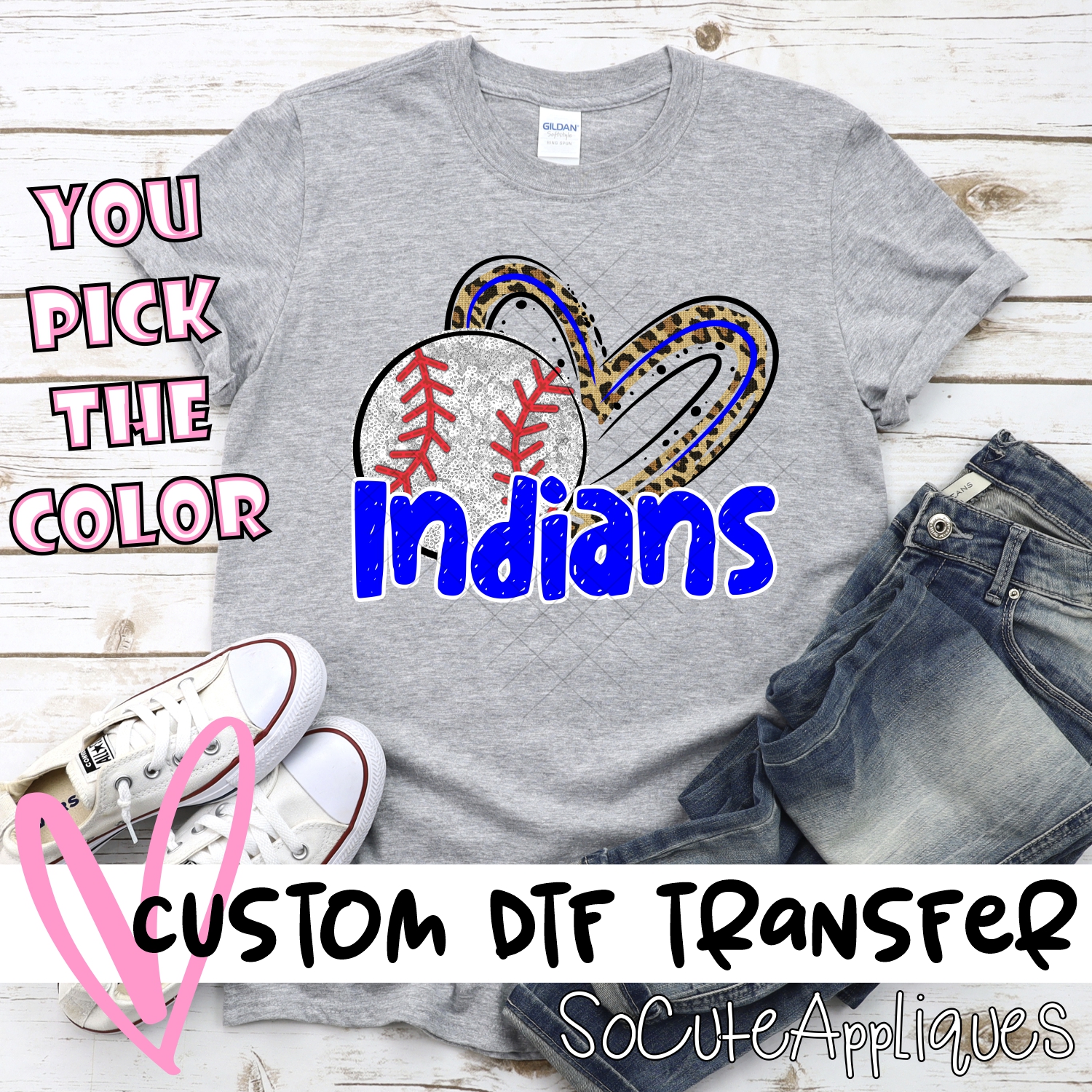 CUSTOM INDIANS (faux) glitter baseball leopard heart *DTF* Transfers