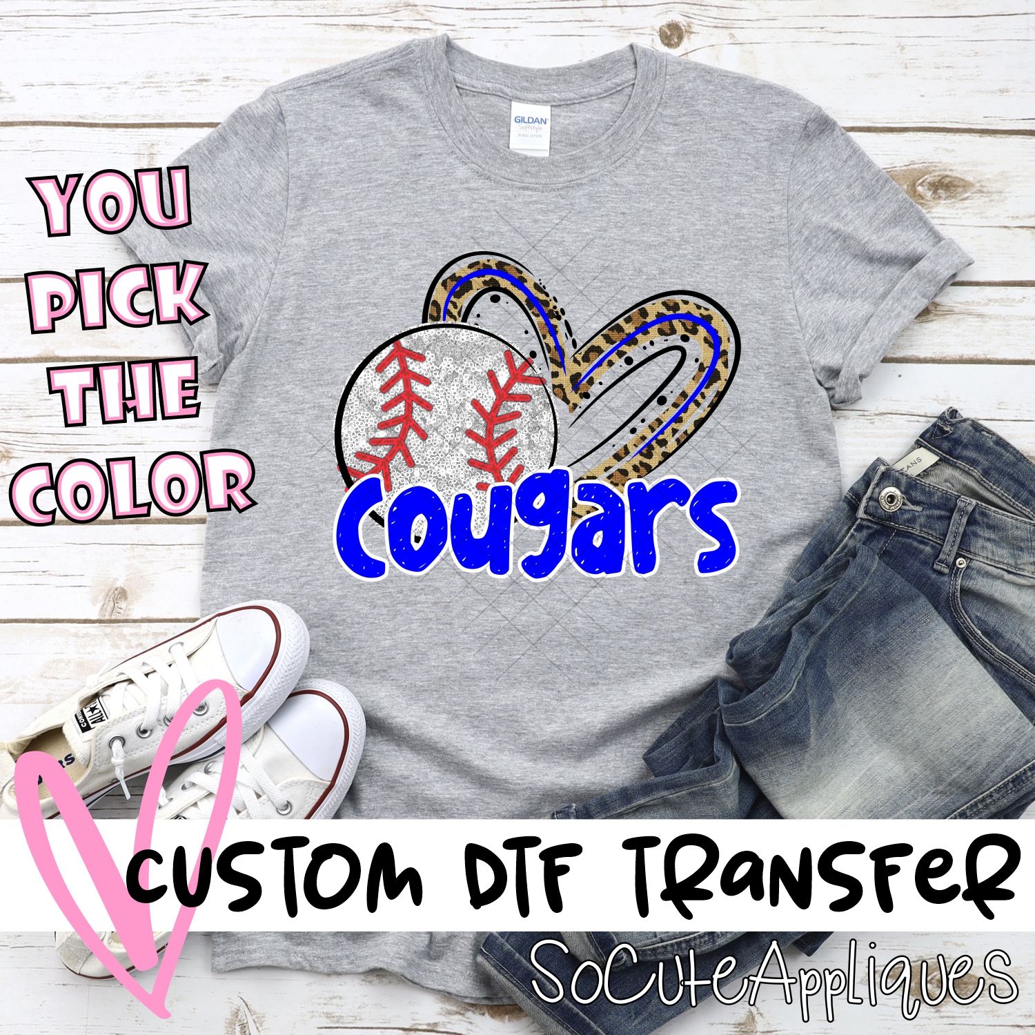 CUSTOM COUGARS (faux) glitter baseball leopard heart *DTF* Transfers