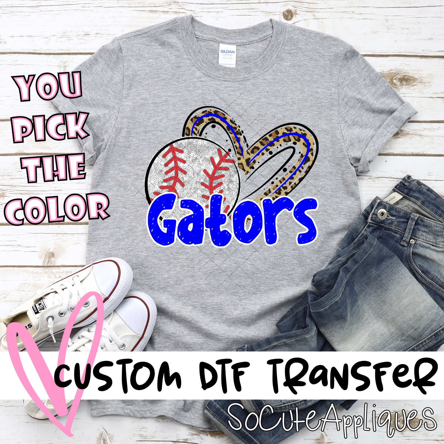 CUSTOM GATORS (faux) glitter baseball leopard heart *DTF* Transfers