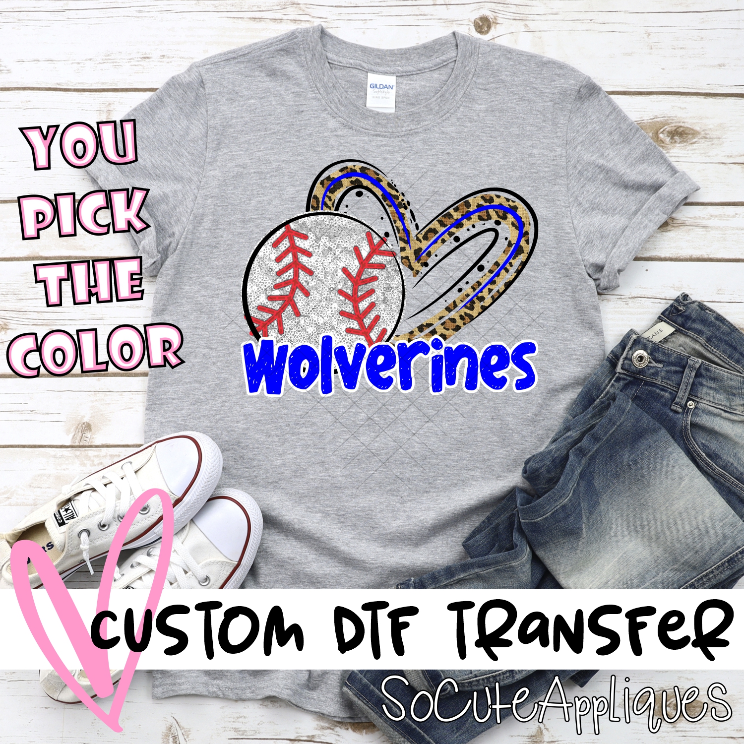 CUSTOM WOLVERINES (faux) glitter baseball leopard heart *DTF* Transfers