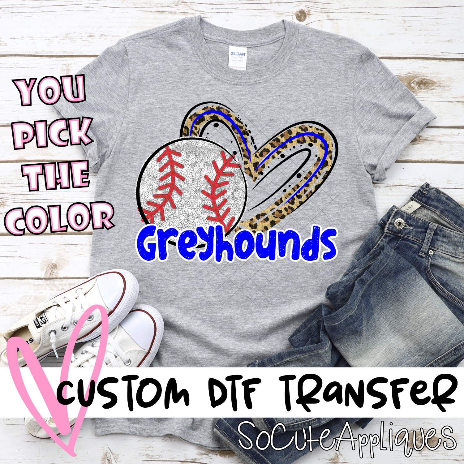 CUSTOM GREYHOUNDS (faux) glitter baseball leopard heart *DTF* Transfers