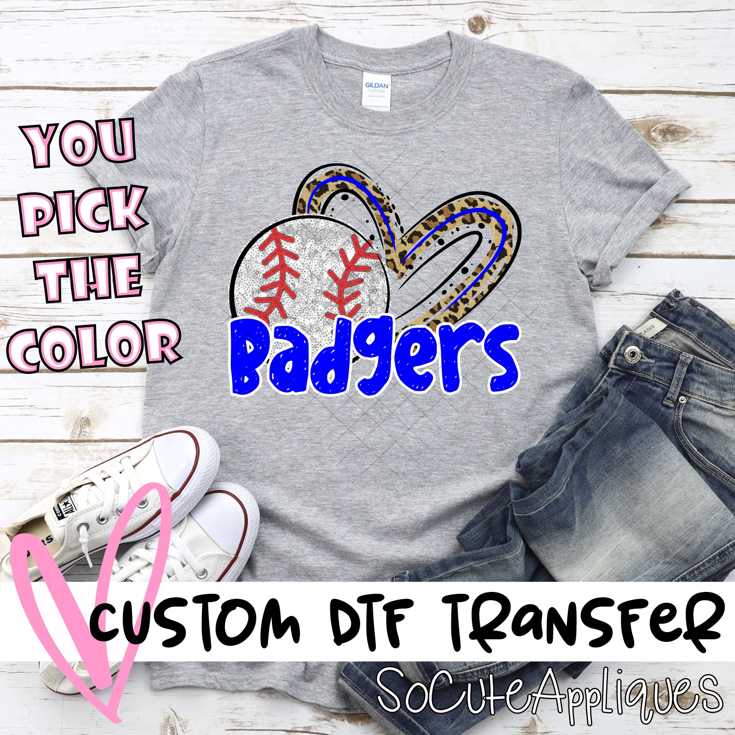 CUSTOM BADGERS (faux) glitter baseball leopard heart *DTF* Transfers