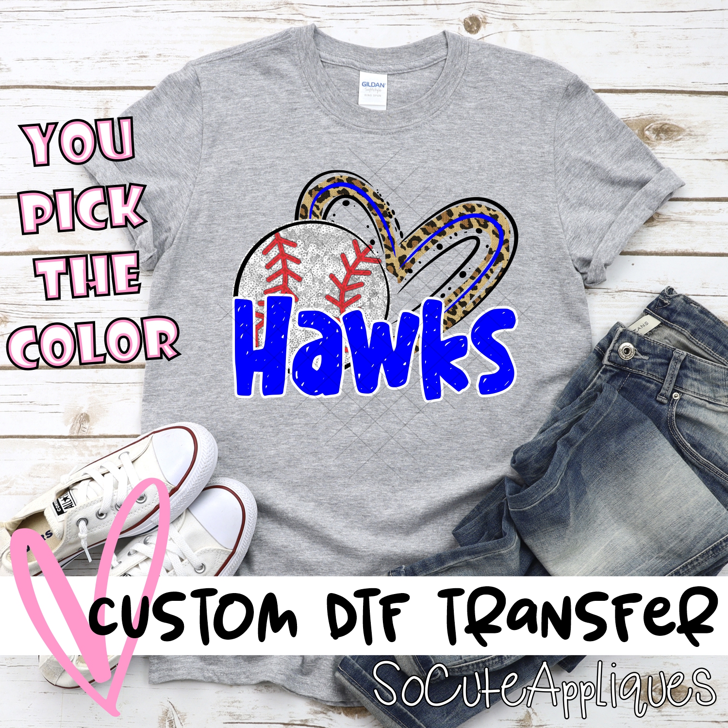 CUSTOM HAWKS (faux) glitter baseball leopard heart *DTF* Transfers