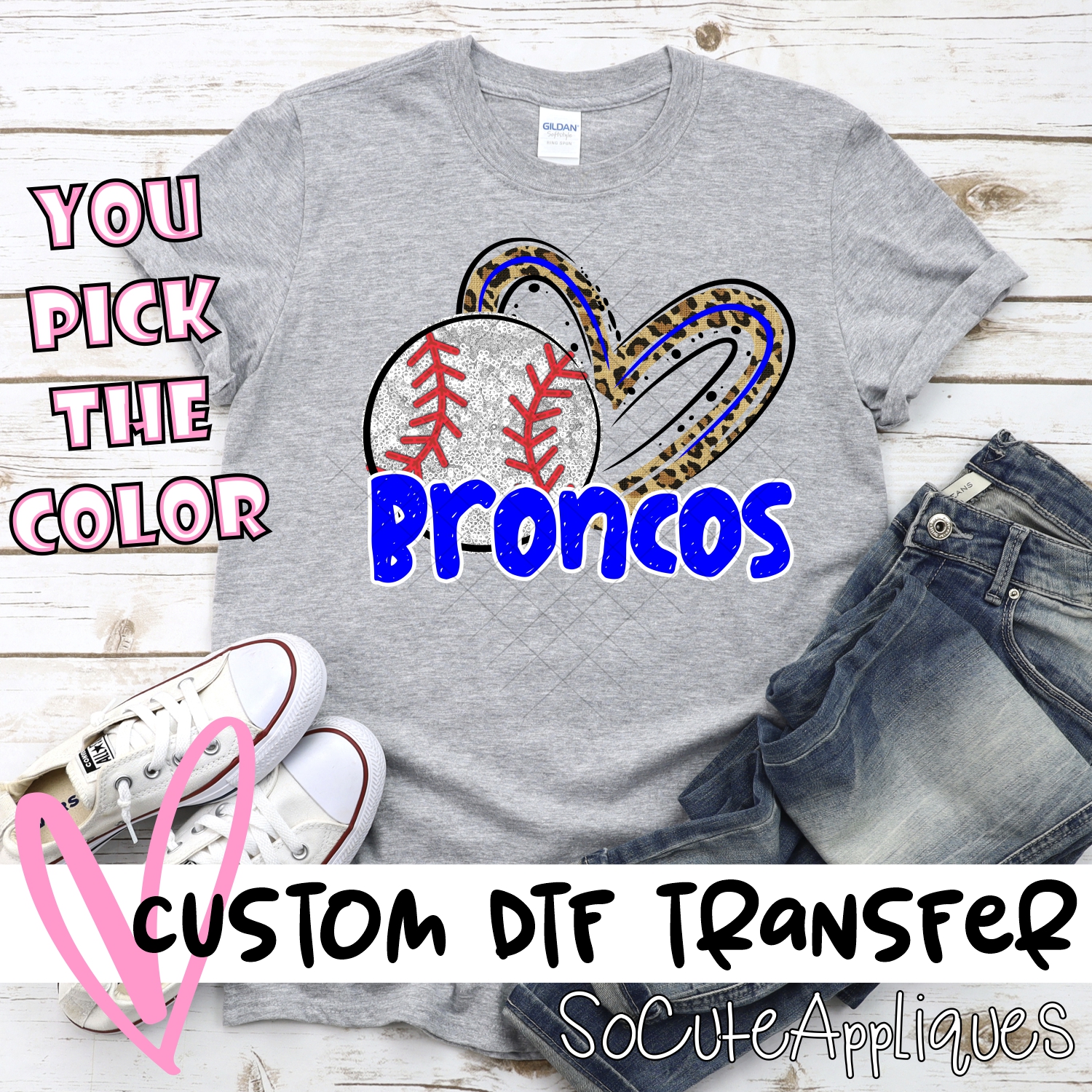 CUSTOM BRONCOS (faux) glitter baseball leopard heart *DTF* Transfers