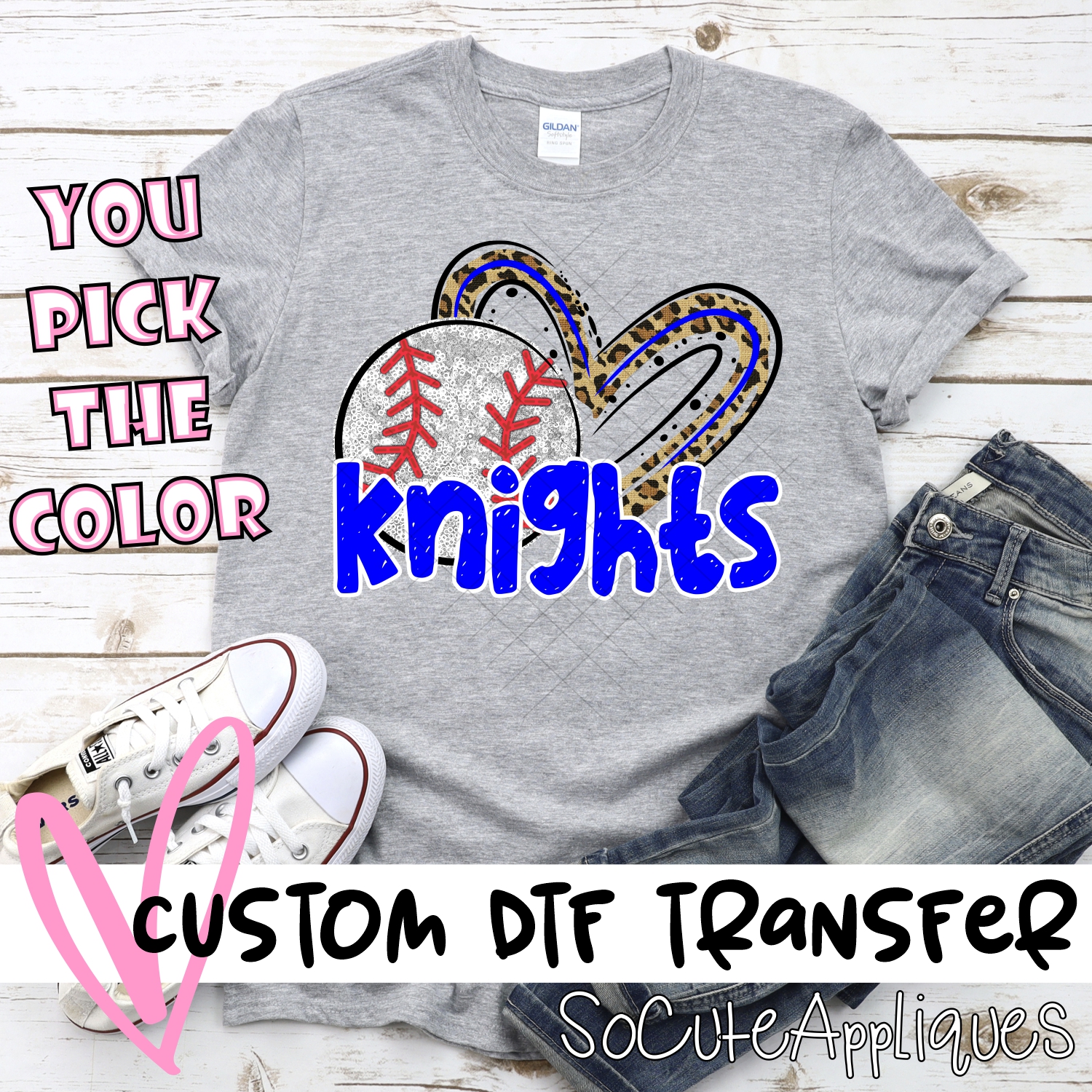 CUSTOM KNIGHTS (faux) glitter baseball leopard heart *DTF* Transfers