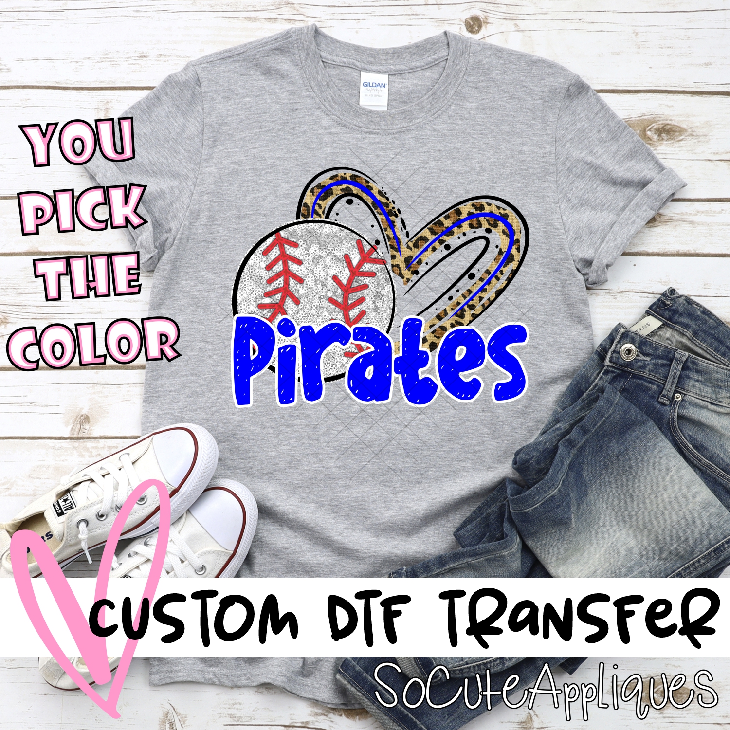 CUSTOM PIRATES (faux) glitter baseball leopard heart *DTF* Transfers