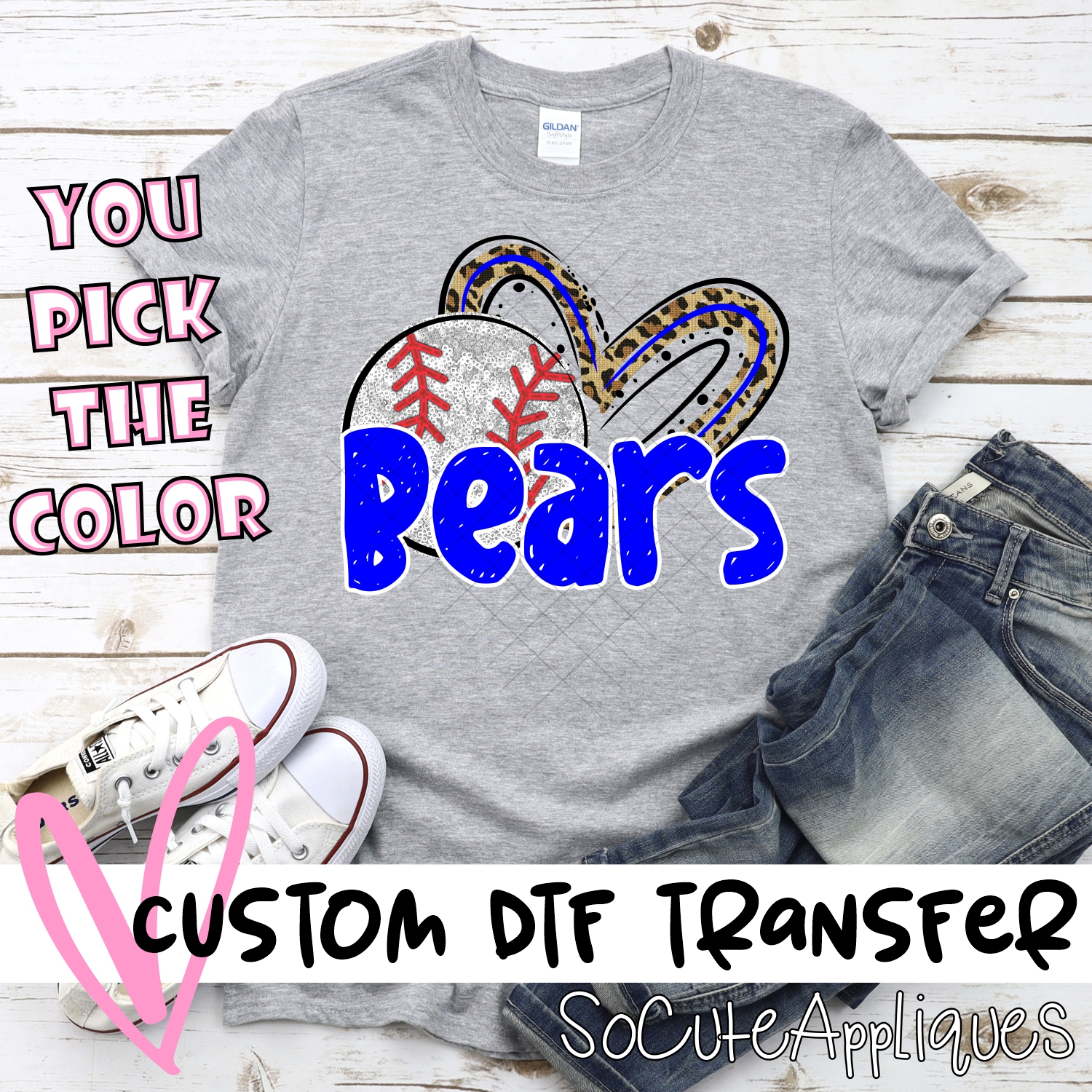 CUSTOM BEARS (faux) glitter baseball leopard heart *DTF* Transfers