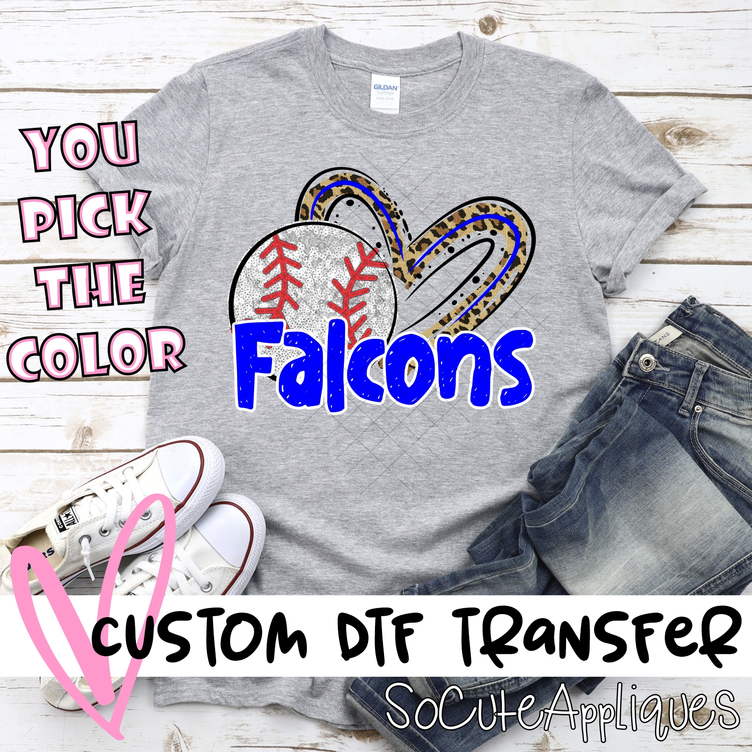 CUSTOM FALCONS (faux) glitter baseball leopard heart *DTF* Transfers