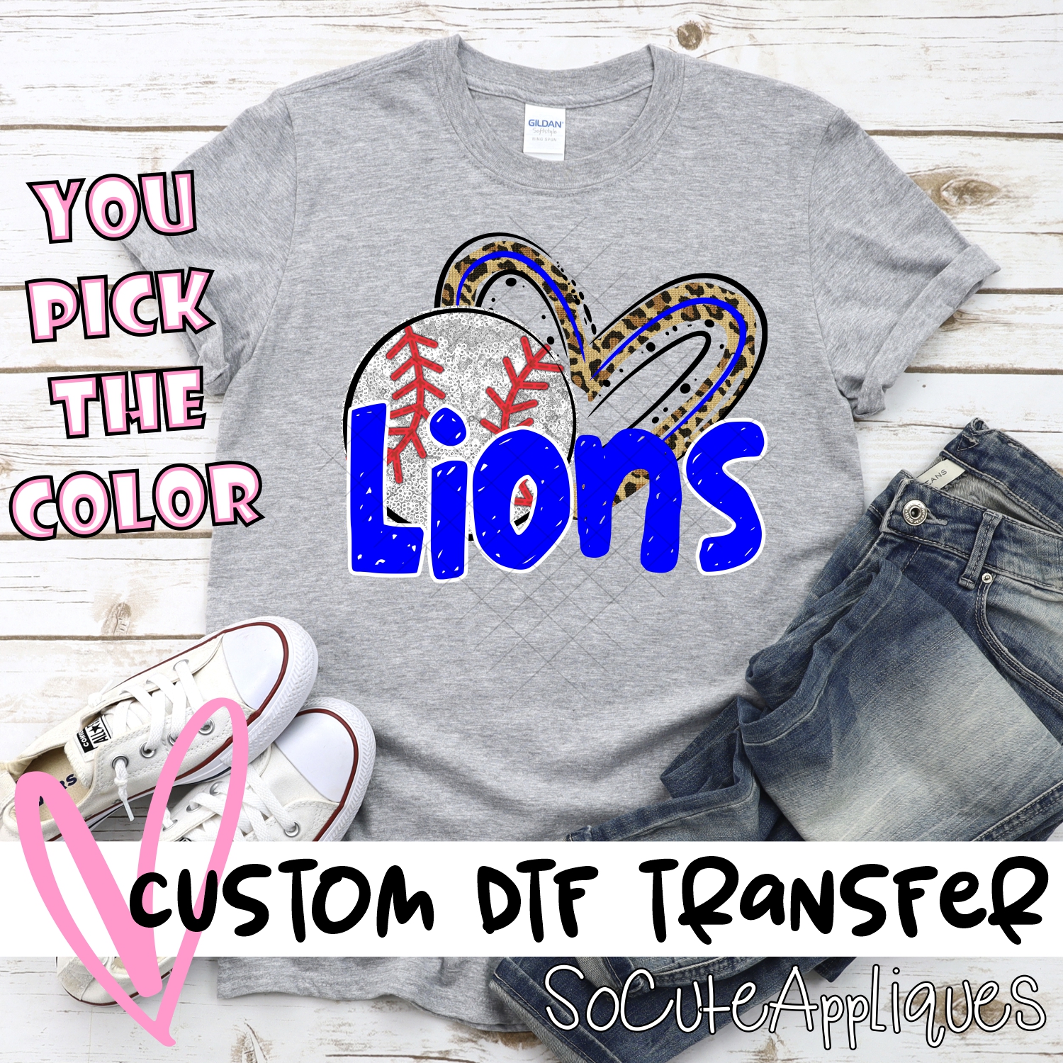 CUSTOM LIONS (faux) glitter baseball leopard heart *DTF* Transfers