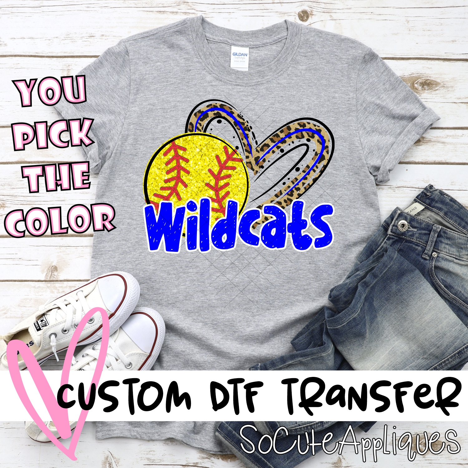 CUSTOM WILDCATS (faux) glitter softball leopard heart *DTF* Transfer