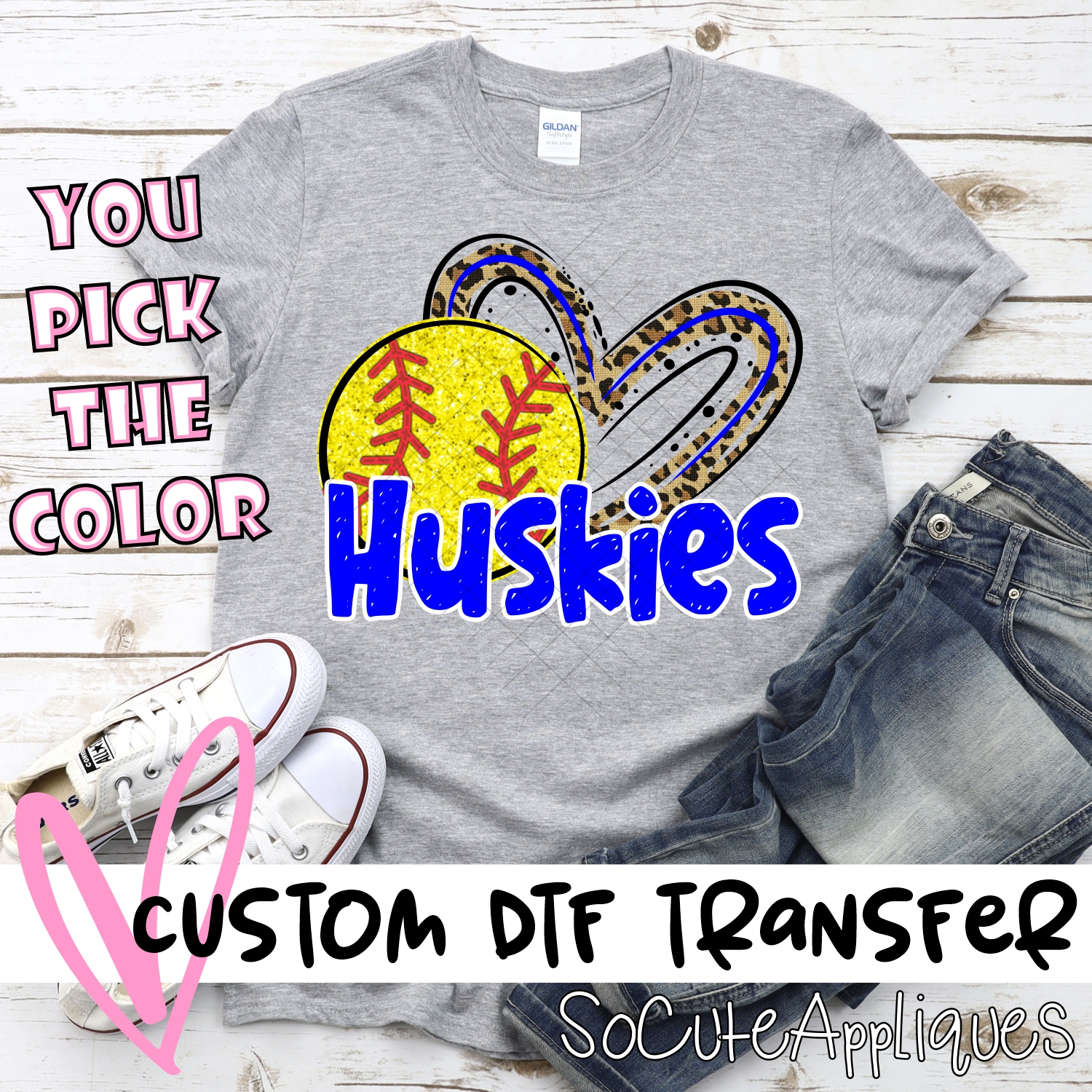 CUSTOM HUSKIES (faux) glitter softball leopard heart *DTF* Transfer