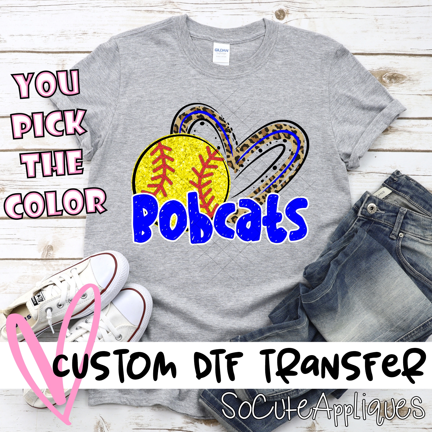 CUSTOM BOBCATS (faux) glitter softball leopard heart *DTF* Transfer