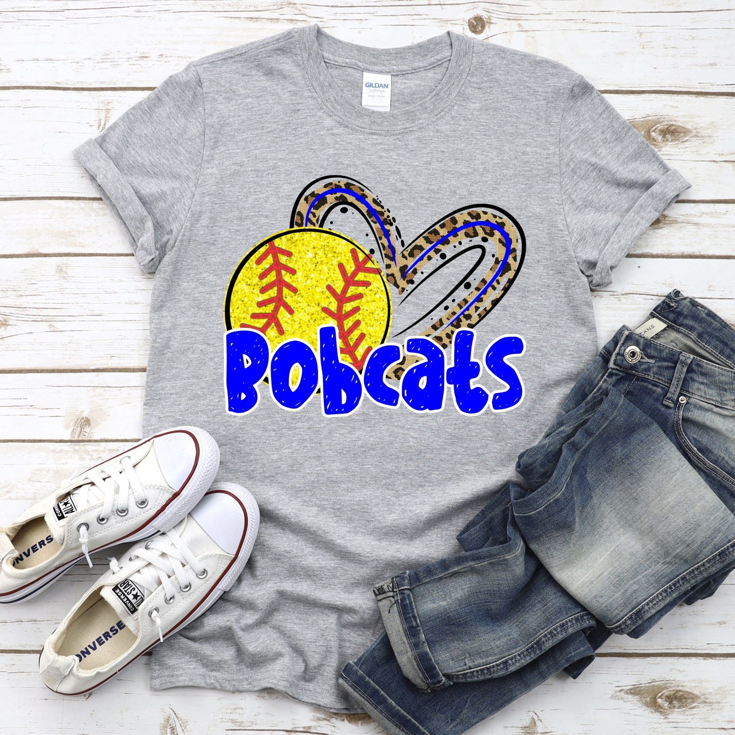 CUSTOM BOBCATS (faux) glitter softball leopard heart *DTF* Transfer - Image 2