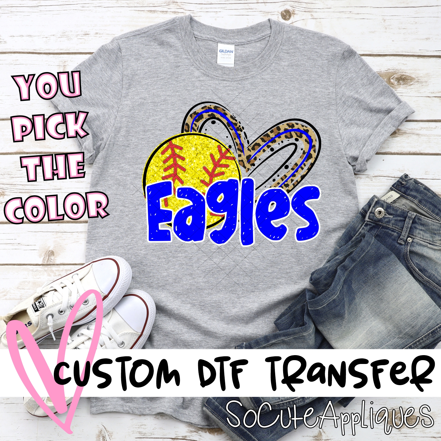 CUSTOM EAGLES (faux) glitter softball leopard heart *DTF* Transfer