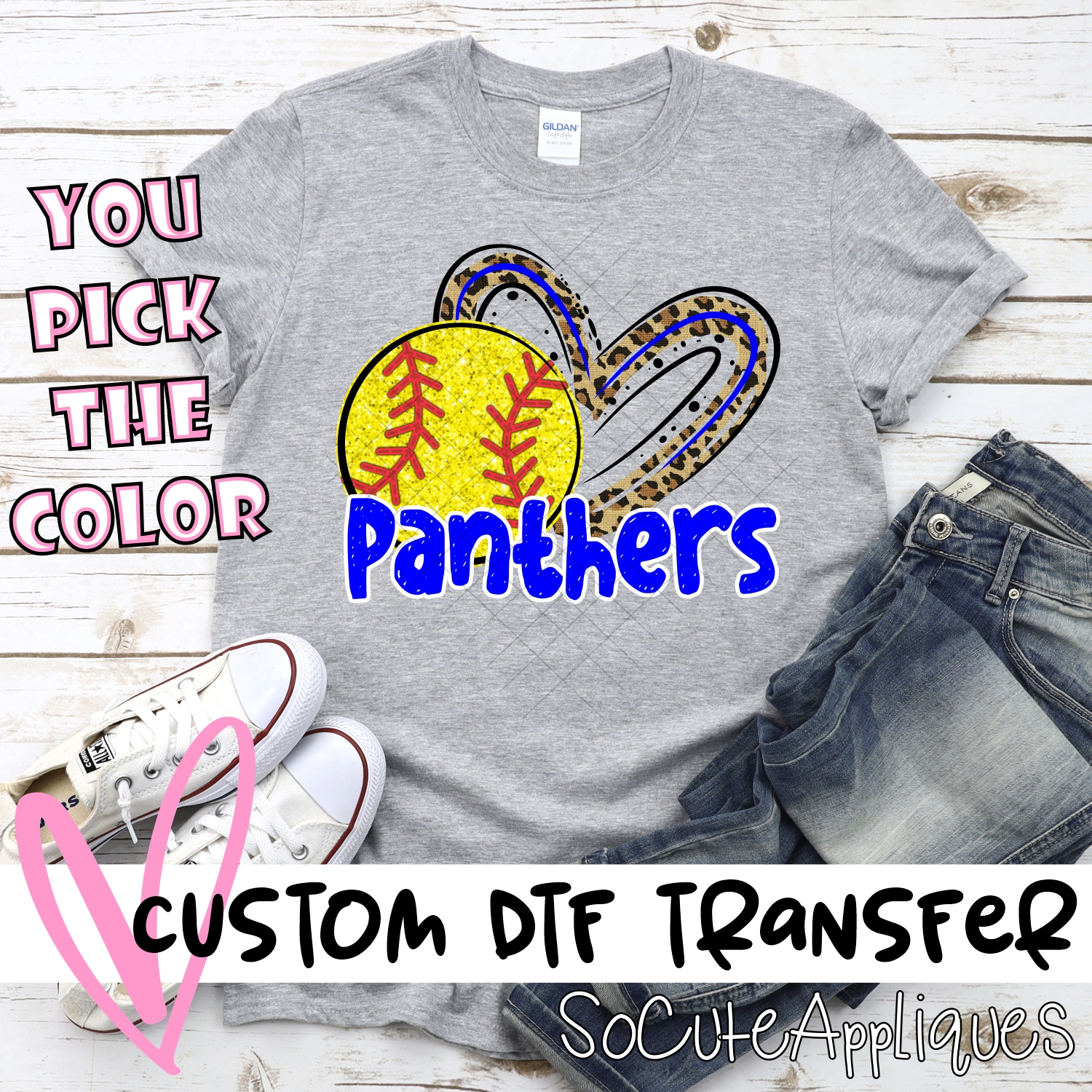 CUSTOM PANTHERS (faux) glitter softball leopard heart *DTF* Transfer