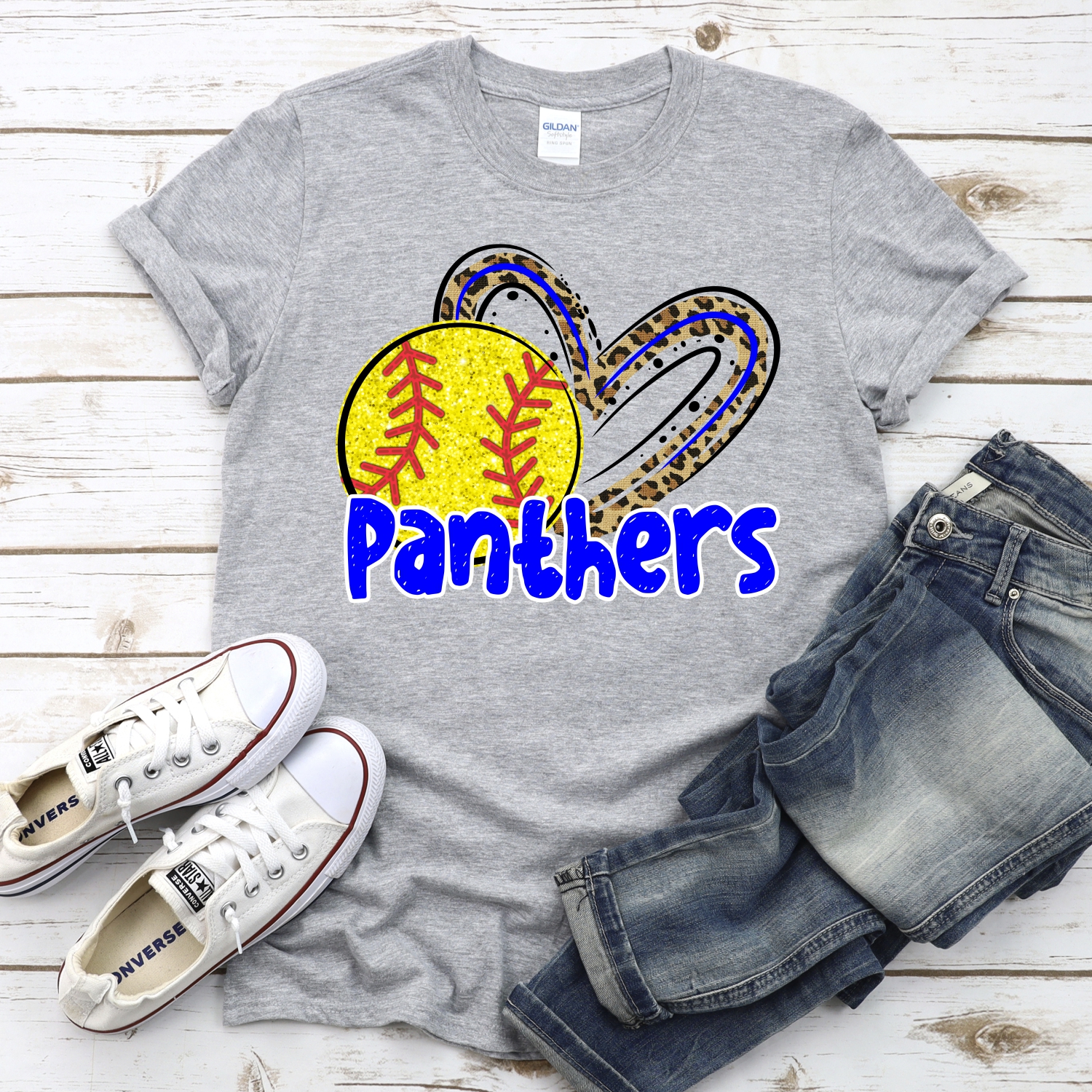 CUSTOM PANTHERS (faux) glitter softball leopard heart *DTF* Transfer - Image 2