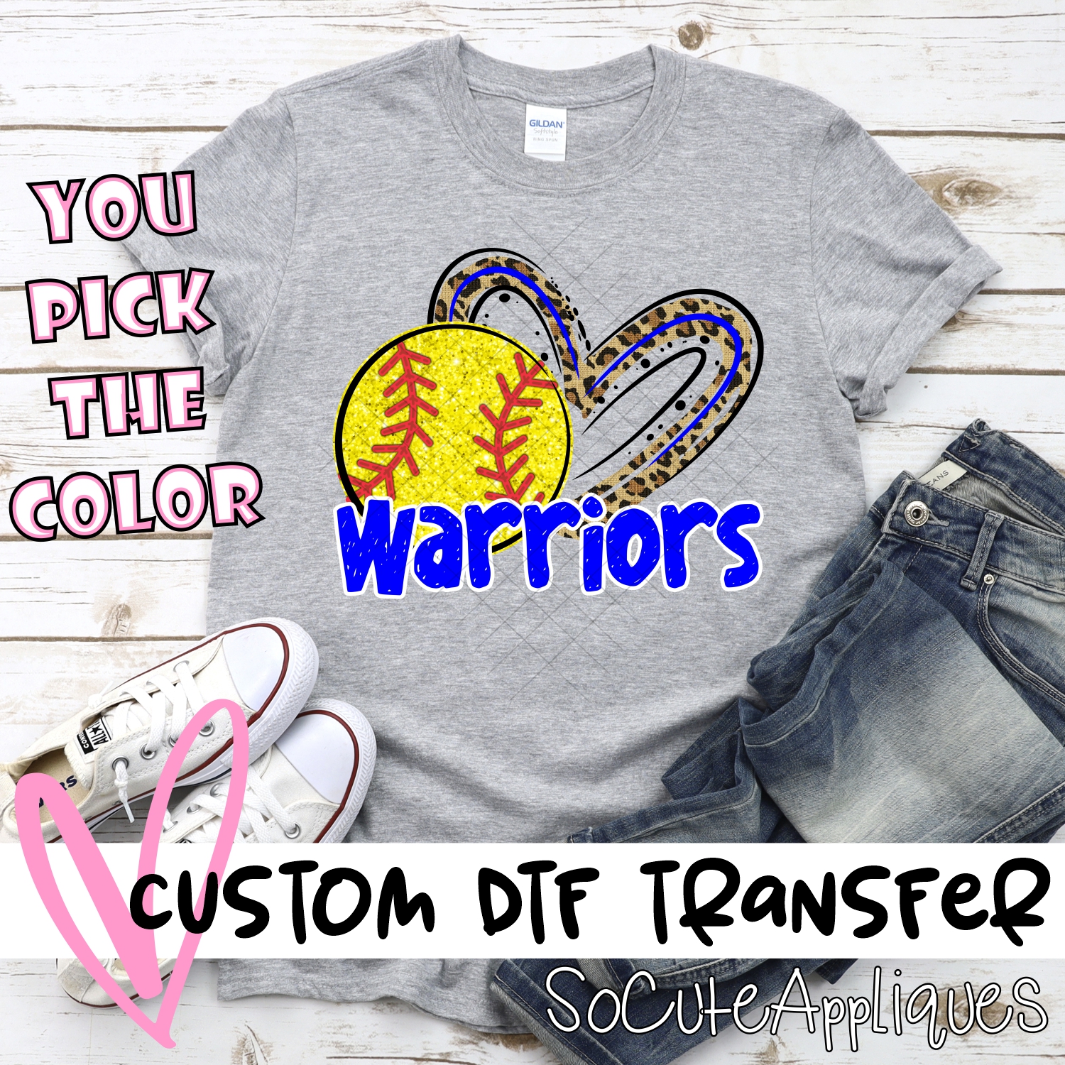 CUSTOM WARRIORS (faux) glitter softball leopard heart *DTF* Transfer