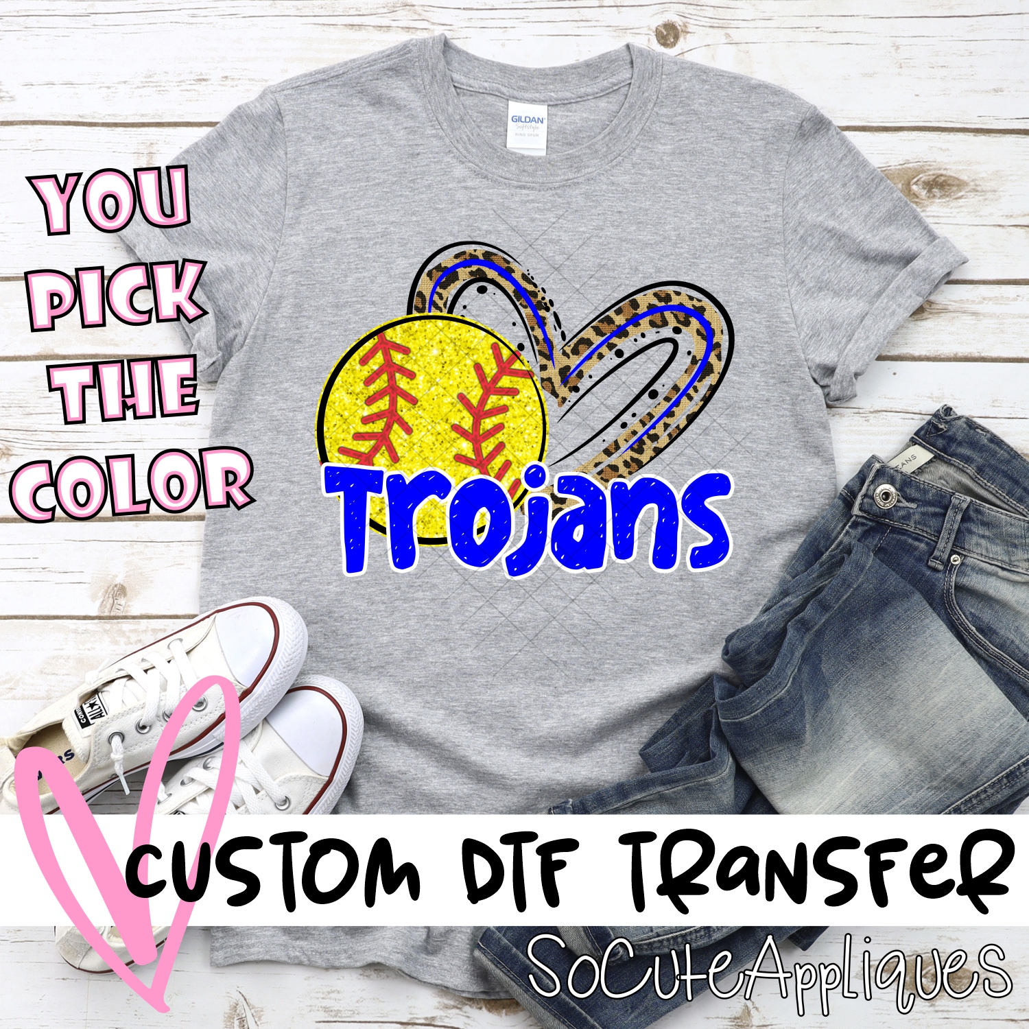 CUSTOM TROJANS (faux) glitter softball leopard heart *DTF* Transfer