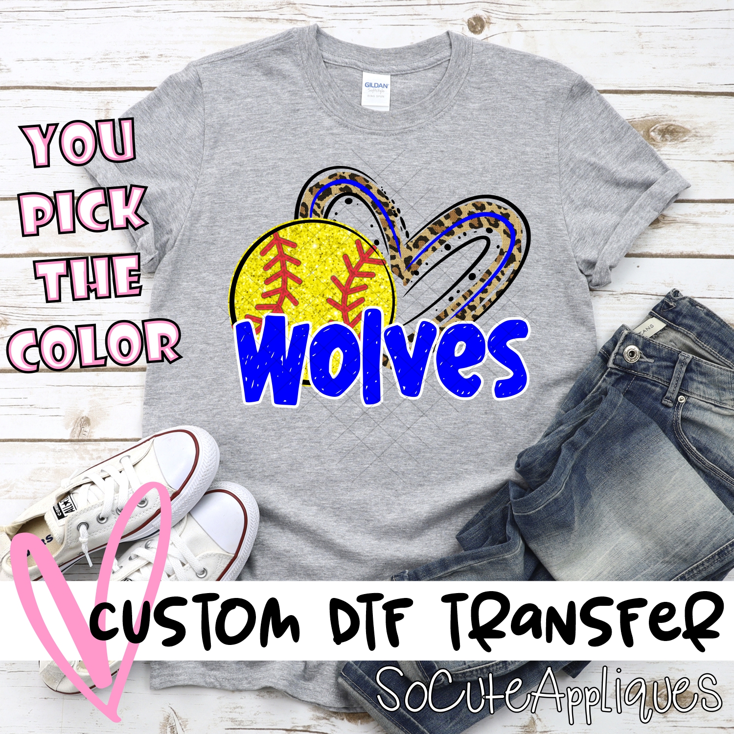 CUSTOM WOLVES (faux) glitter softball leopard heart *DTF* Transfer