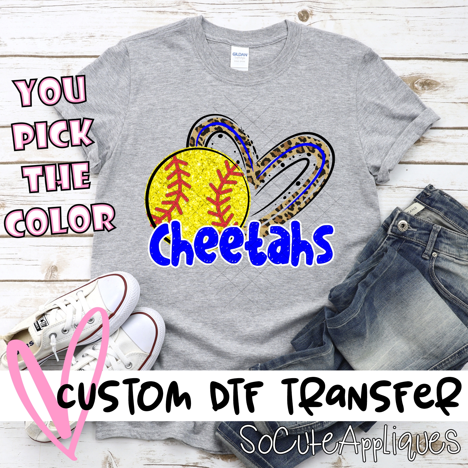CUSTOM CHEETAHS (faux) glitter softball leopard heart *DTF* Transfer
