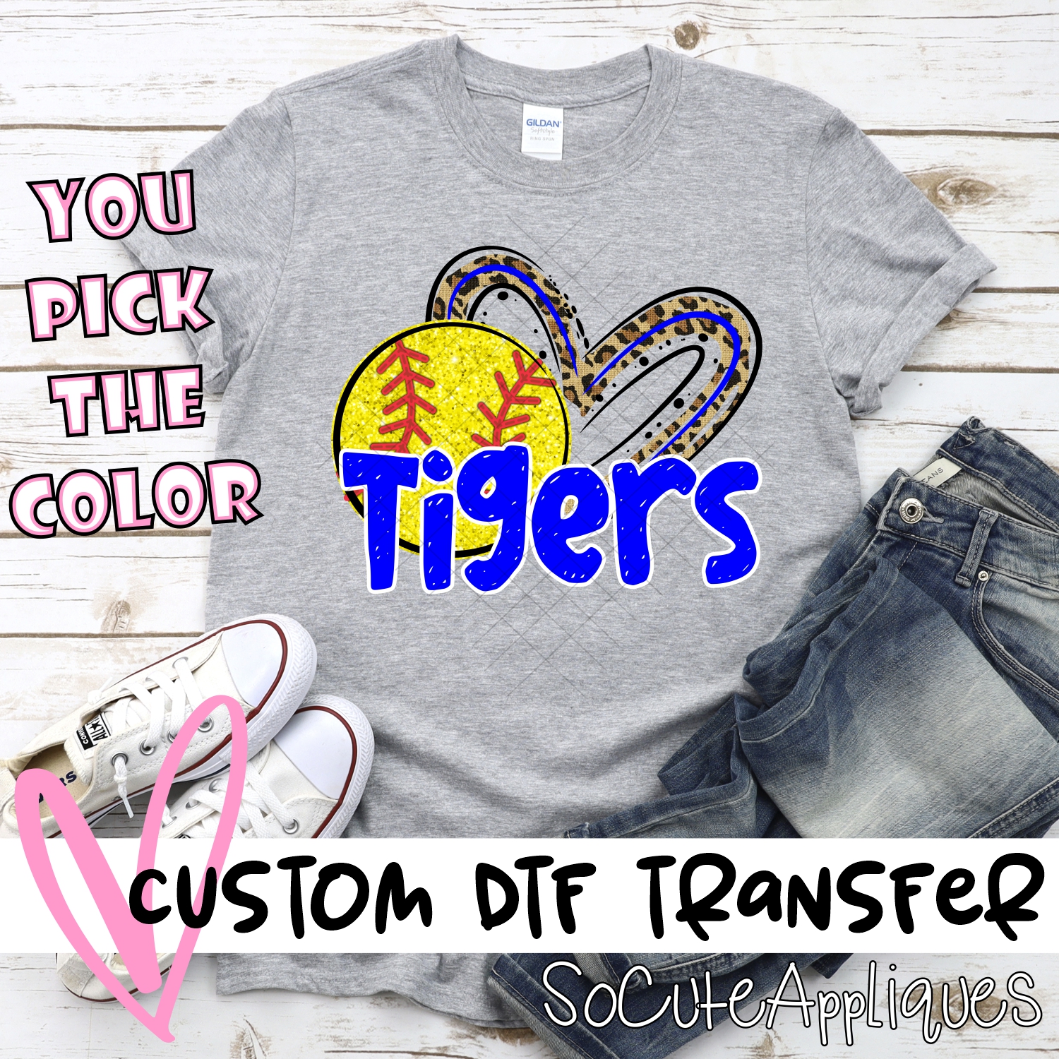 CUSTOM TIGERS (faux) glitter softball leopard heart *DTF* Transfer