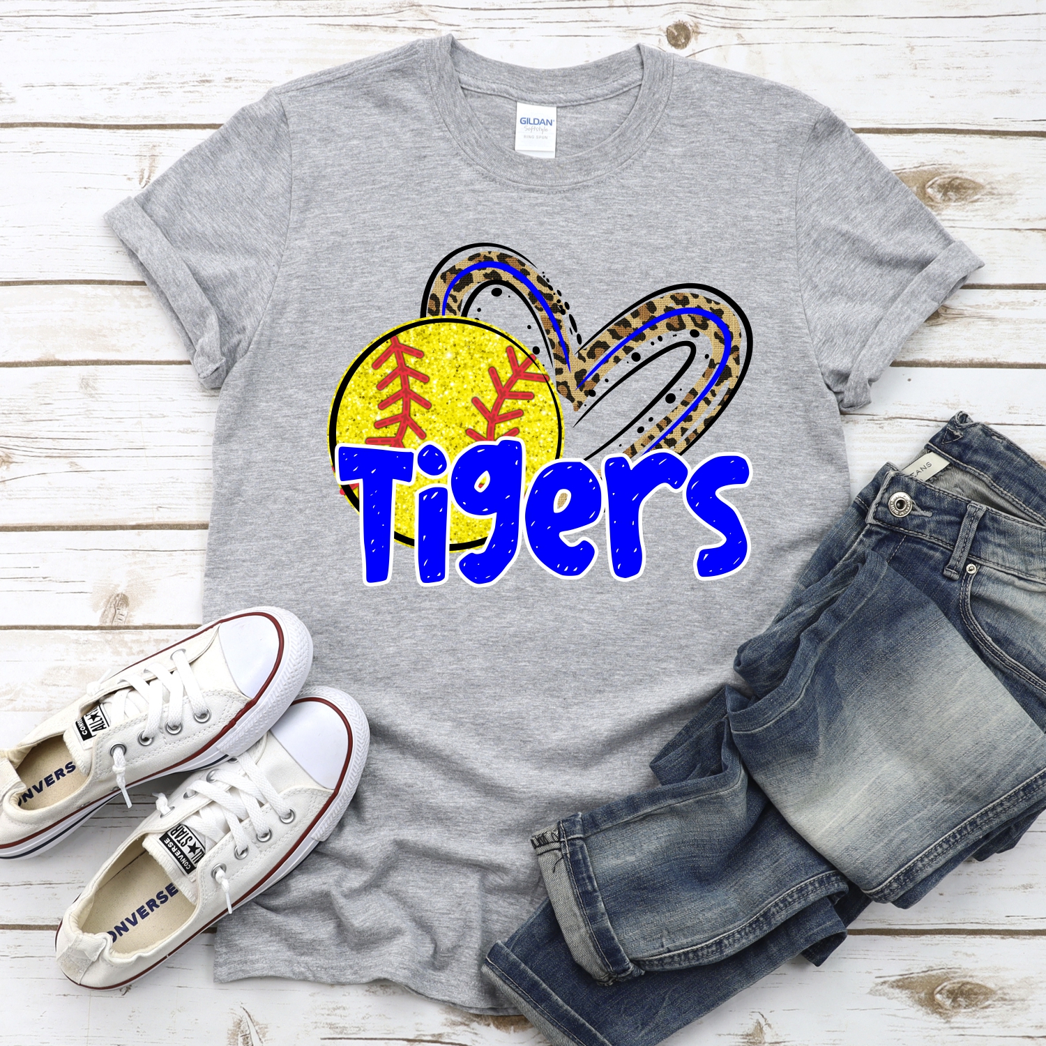 CUSTOM TIGERS (faux) glitter softball leopard heart *DTF* Transfer - Image 2