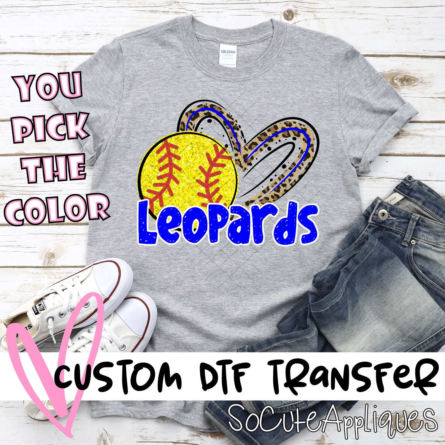CUSTOM LEOPARDS (faux) glitter softball leopard heart *DTF* Transfer