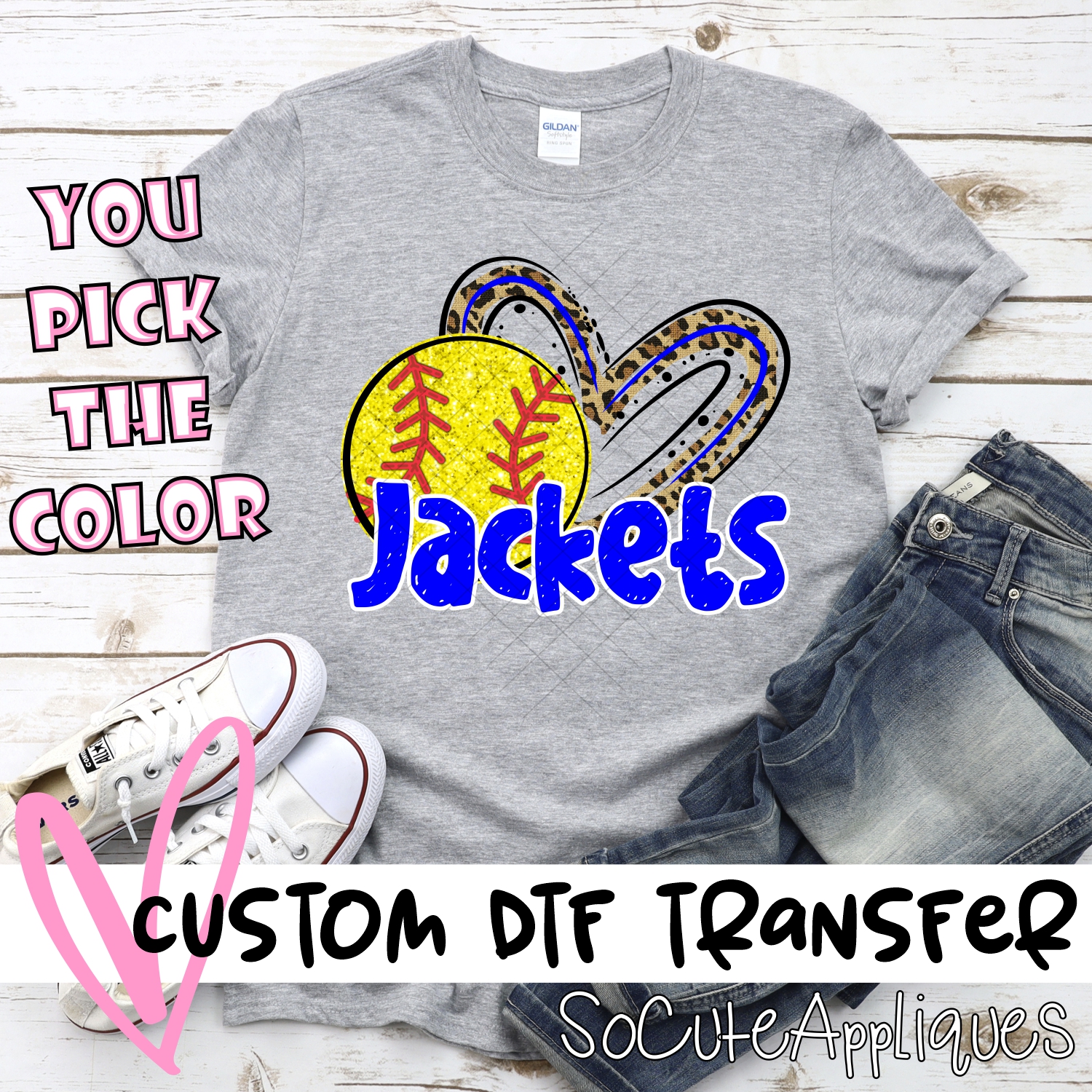 CUSTOM JACKETS (faux) glitter softball leopard heart *DTF* Transfer