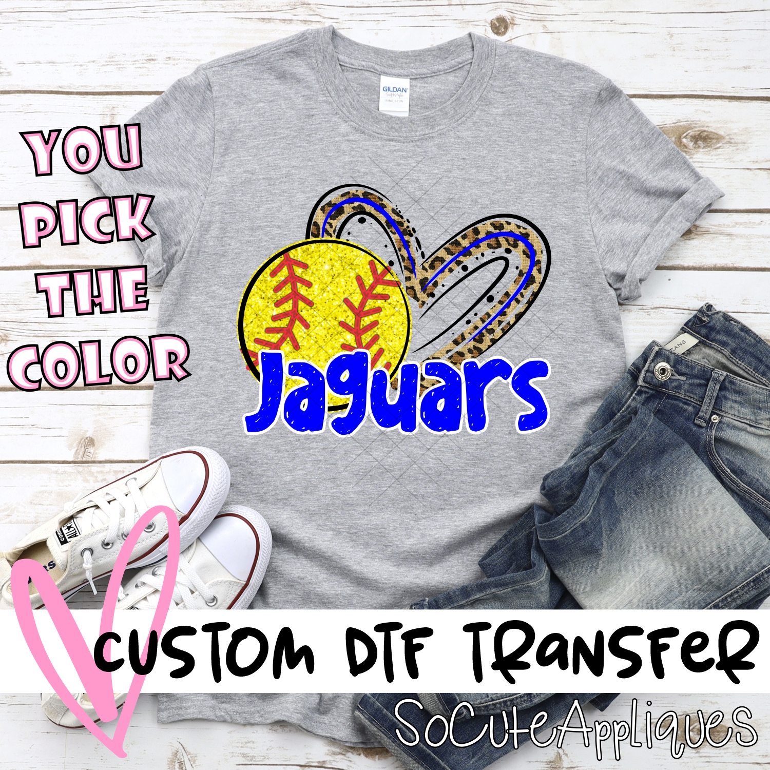 CUSTOM JAGUARS (faux) glitter softball leopard heart *DTF* Transfer