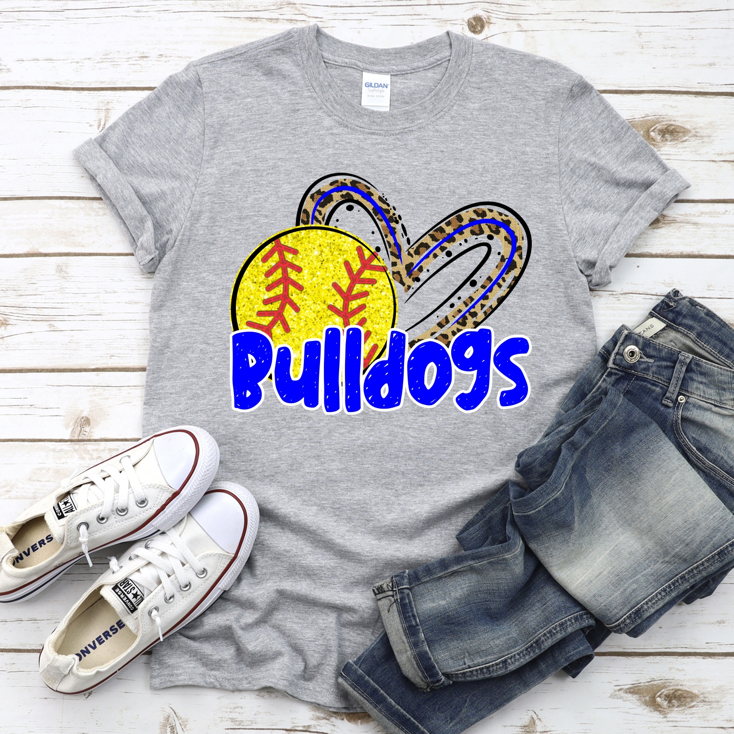 CUSTOM BULLDOGS (faux) glitter softball leopard heart *DTF* Transfer - Image 2