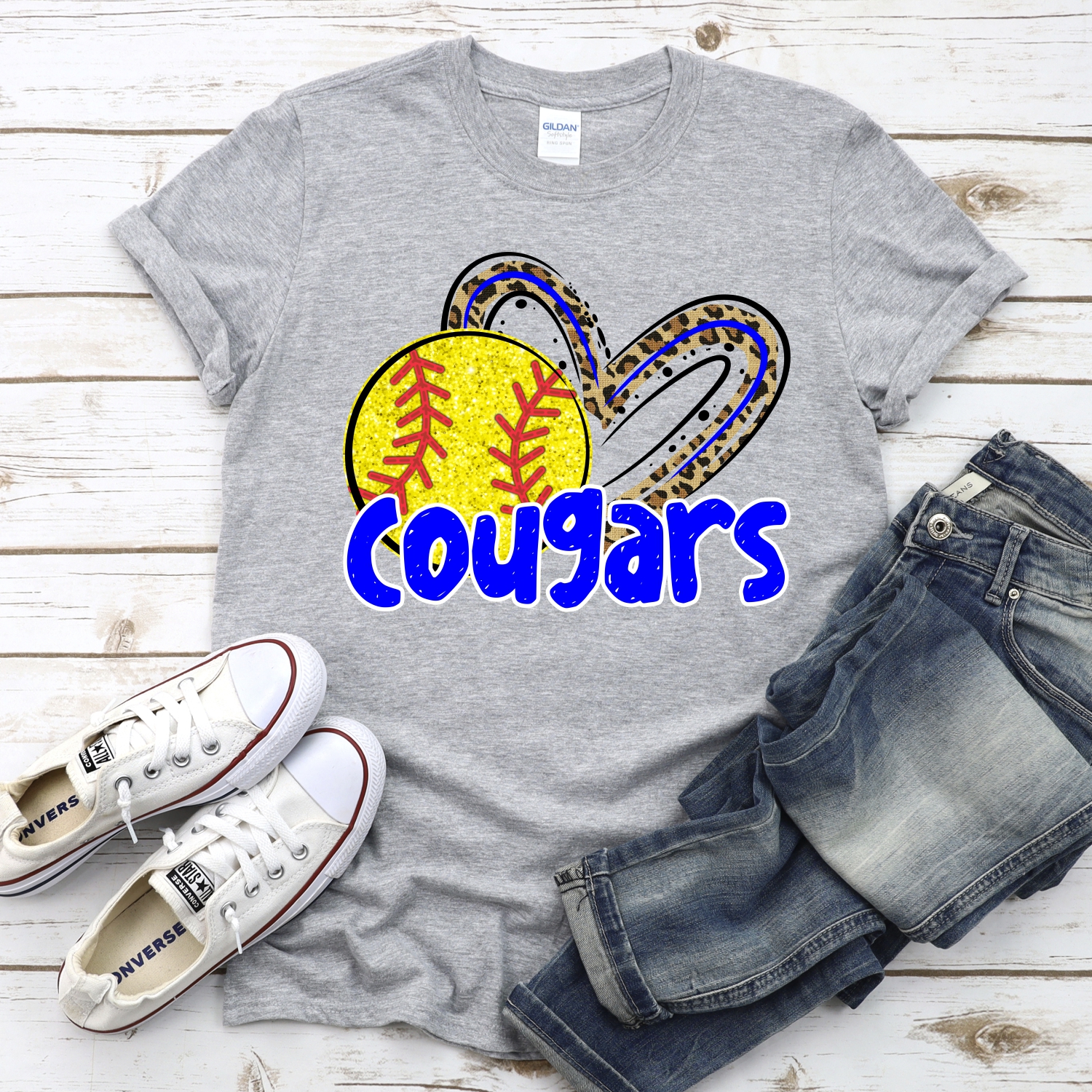 CUSTOM COUGARS (faux) glitter softball leopard heart *DTF* Transfer - Image 2
