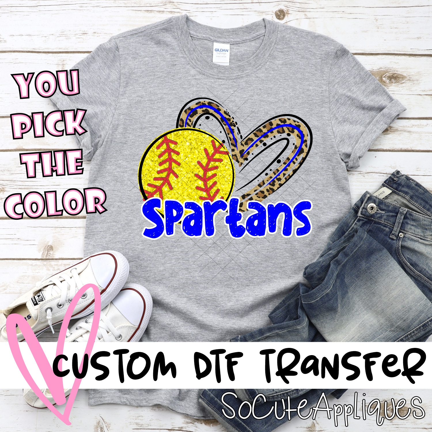 CUSTOM SPARTANS (faux) glitter softball leopard heart *DTF* Transfer