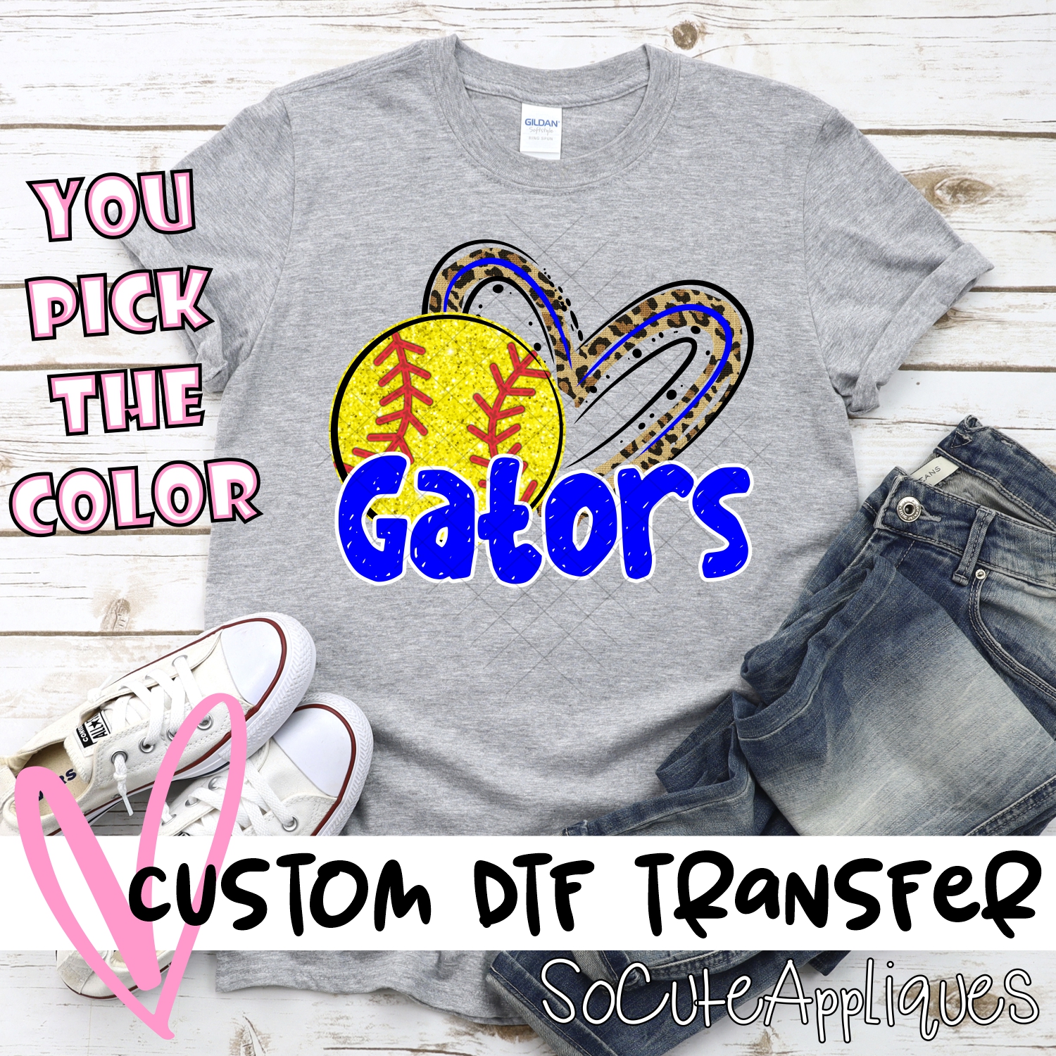 CUSTOM GATORS (faux) glitter softball leopard heart *DTF* Transfer
