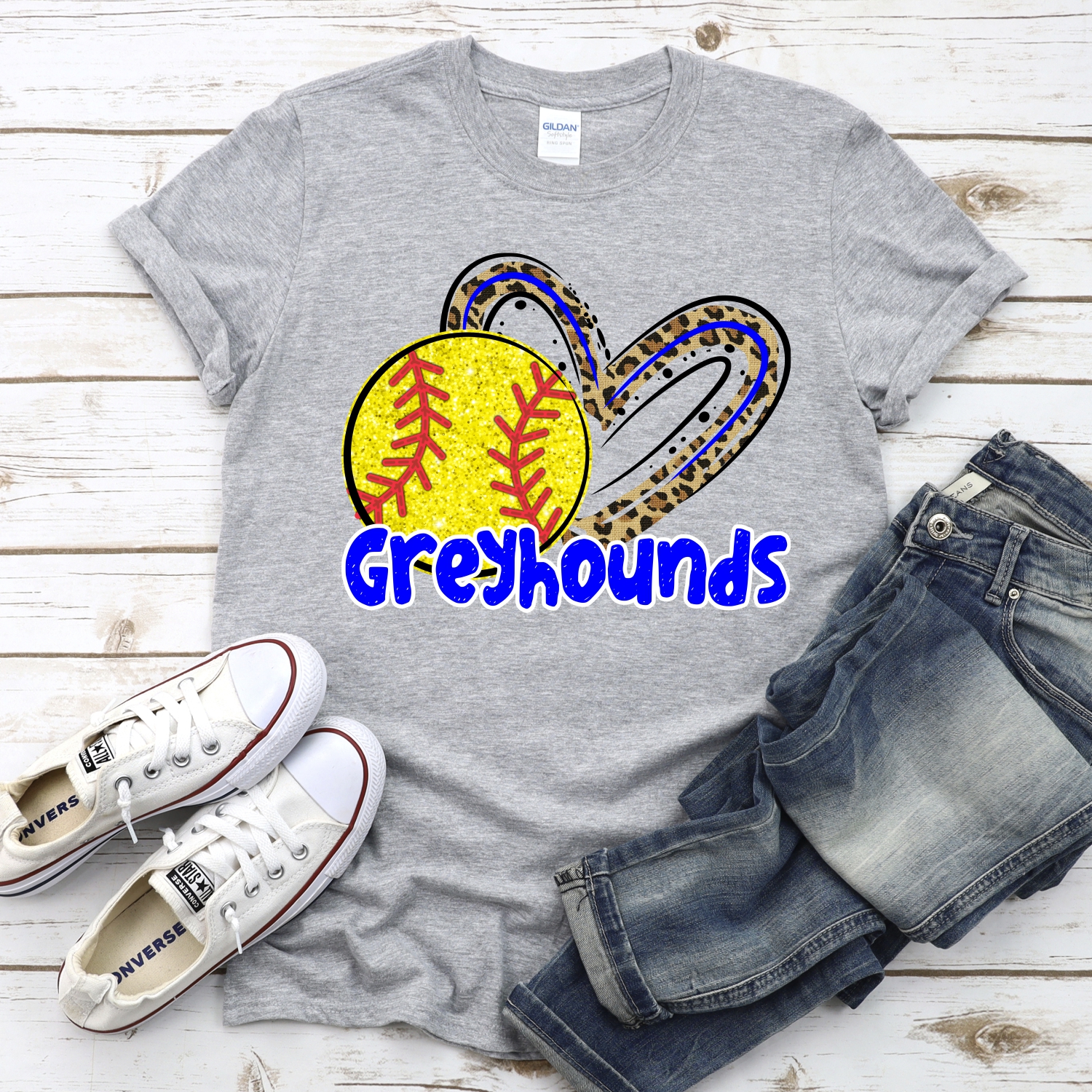 CUSTOM GREYHOUNDS (faux) glitter softball leopard heart *DTF* Transfer - Image 2