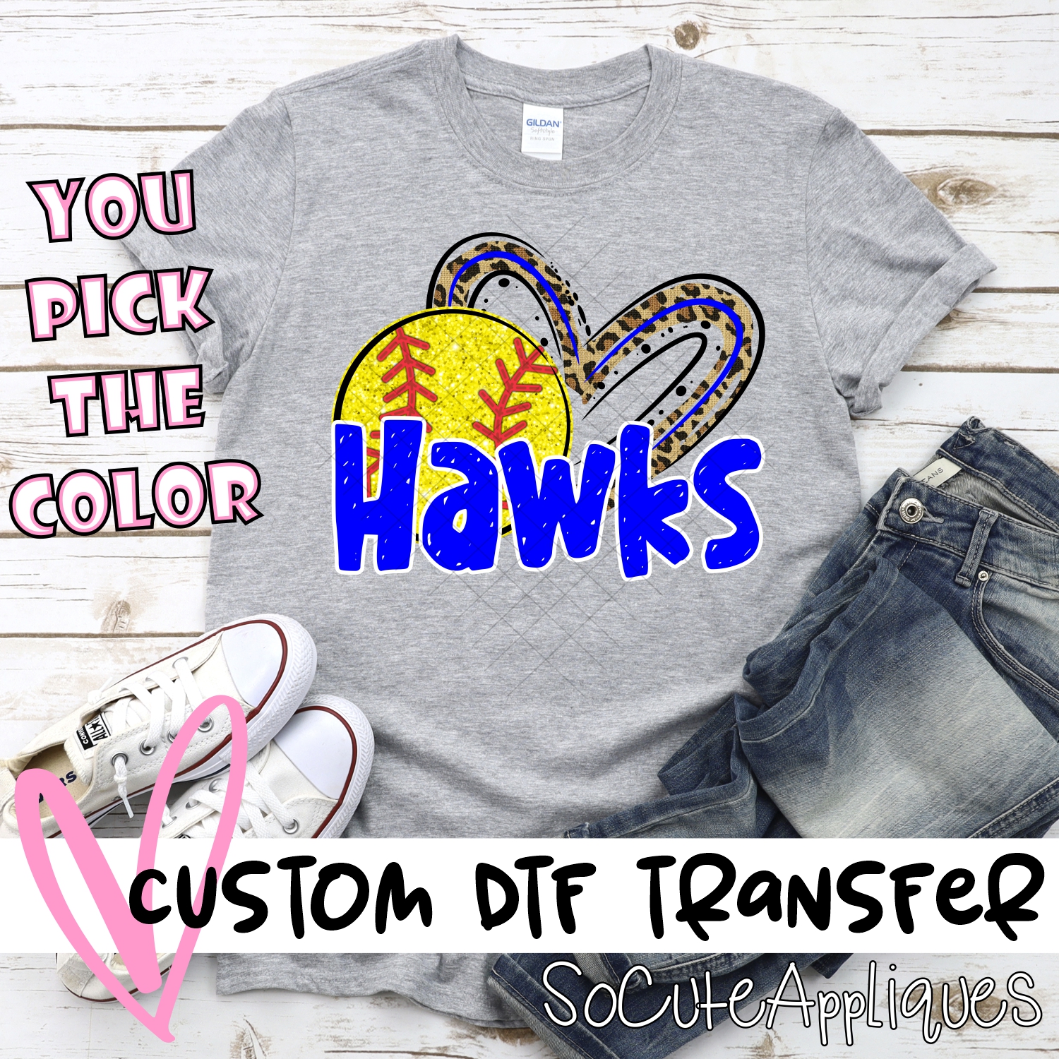 CUSTOM HAWKS (faux) glitter softball leopard heart *DTF* Transfer