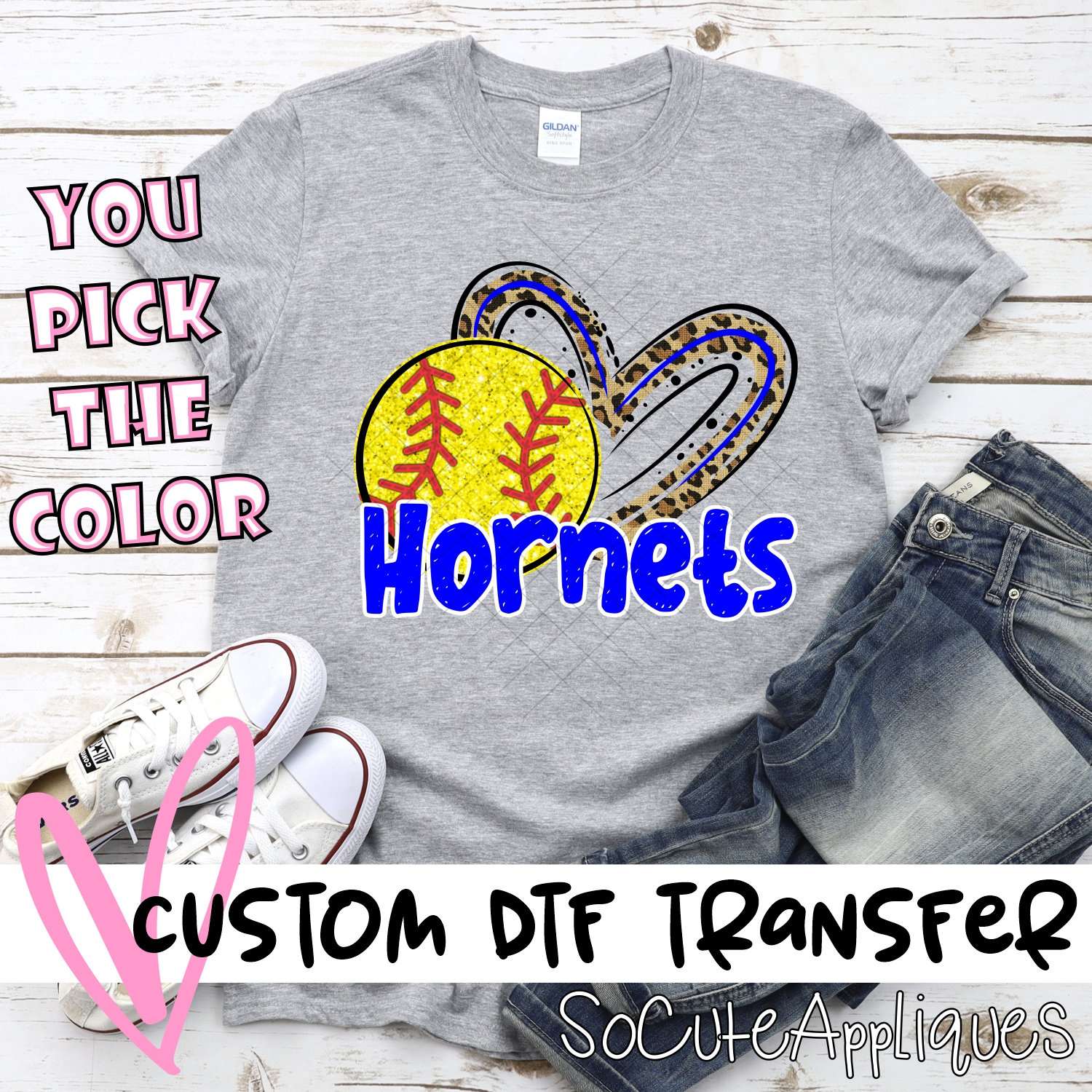CUSTOM HORNETS (faux) glitter softball leopard heart *DTF* Transfer