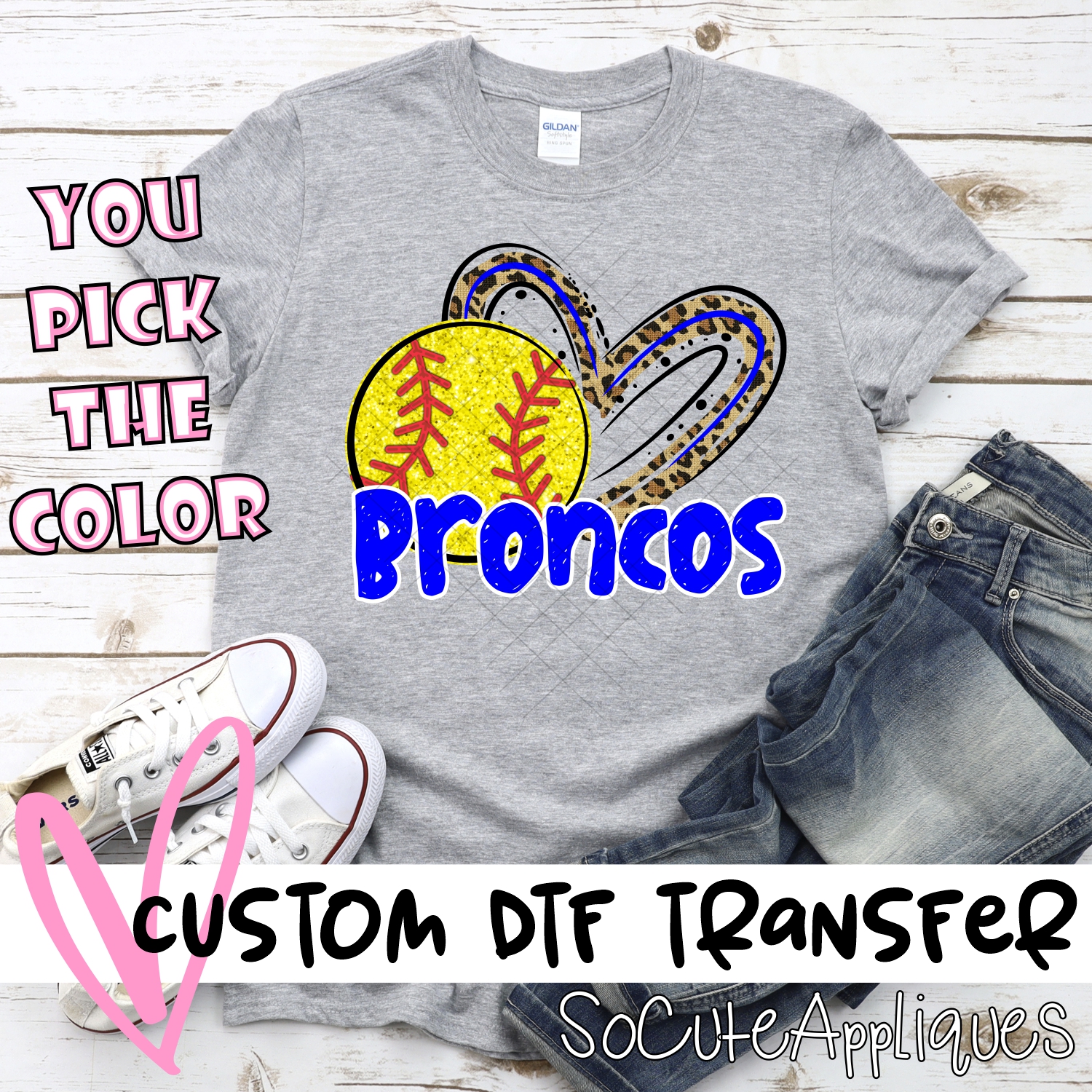 CUSTOM BRONCOS (faux) glitter softball leopard heart *DTF* Transfer