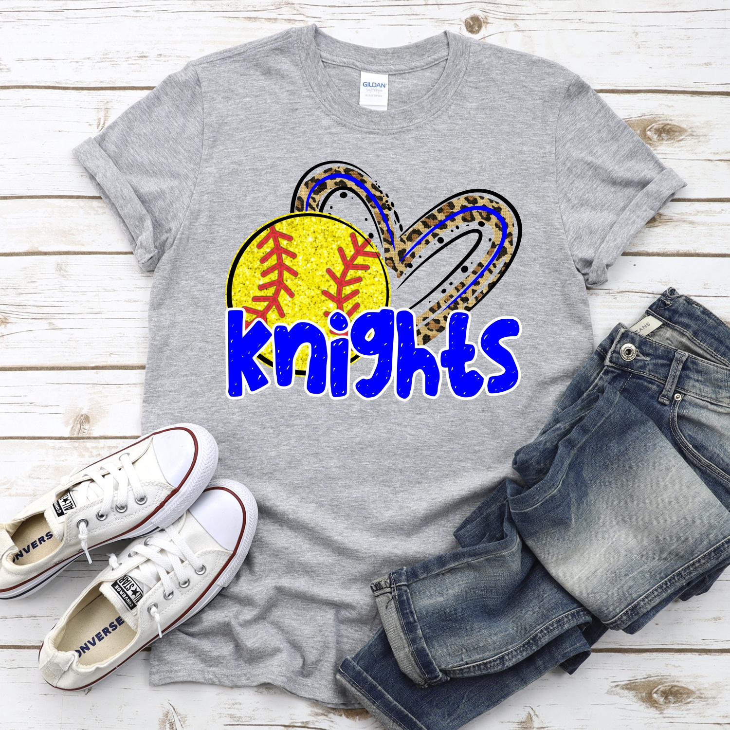 CUSTOM KNIGHTS (faux) glitter softball leopard heart *DTF* Transfer - Image 2